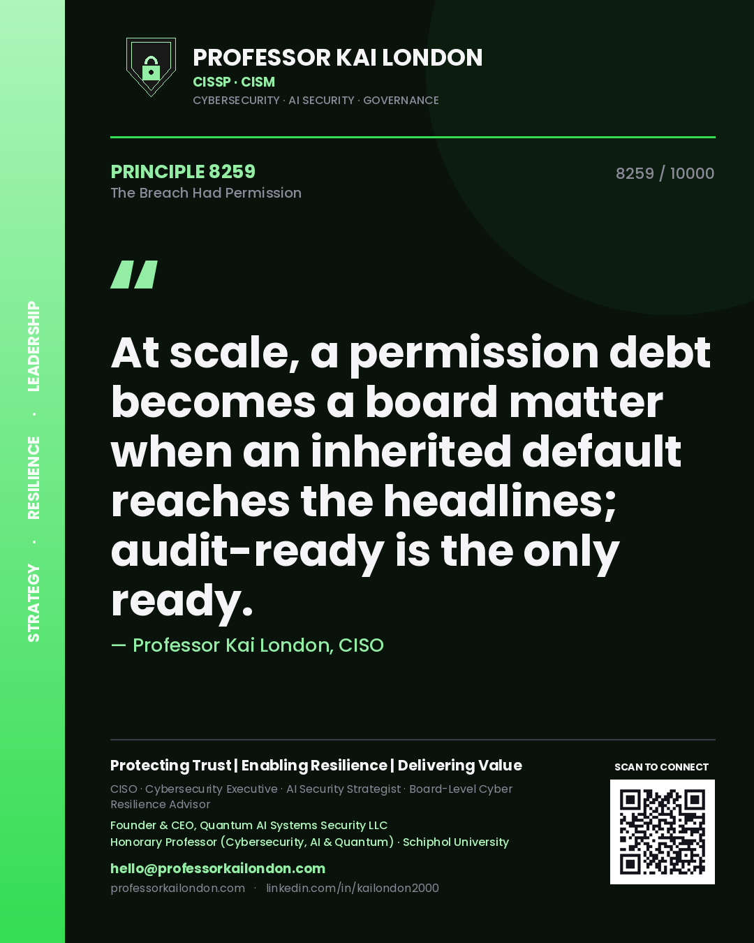 Quote card by Professor Kai London reading 'At scale, a permission debt becomes a board matter when an inherited default reaches the headlines; audit-ready is the only ready.'. From the book The Breach Had Permission.