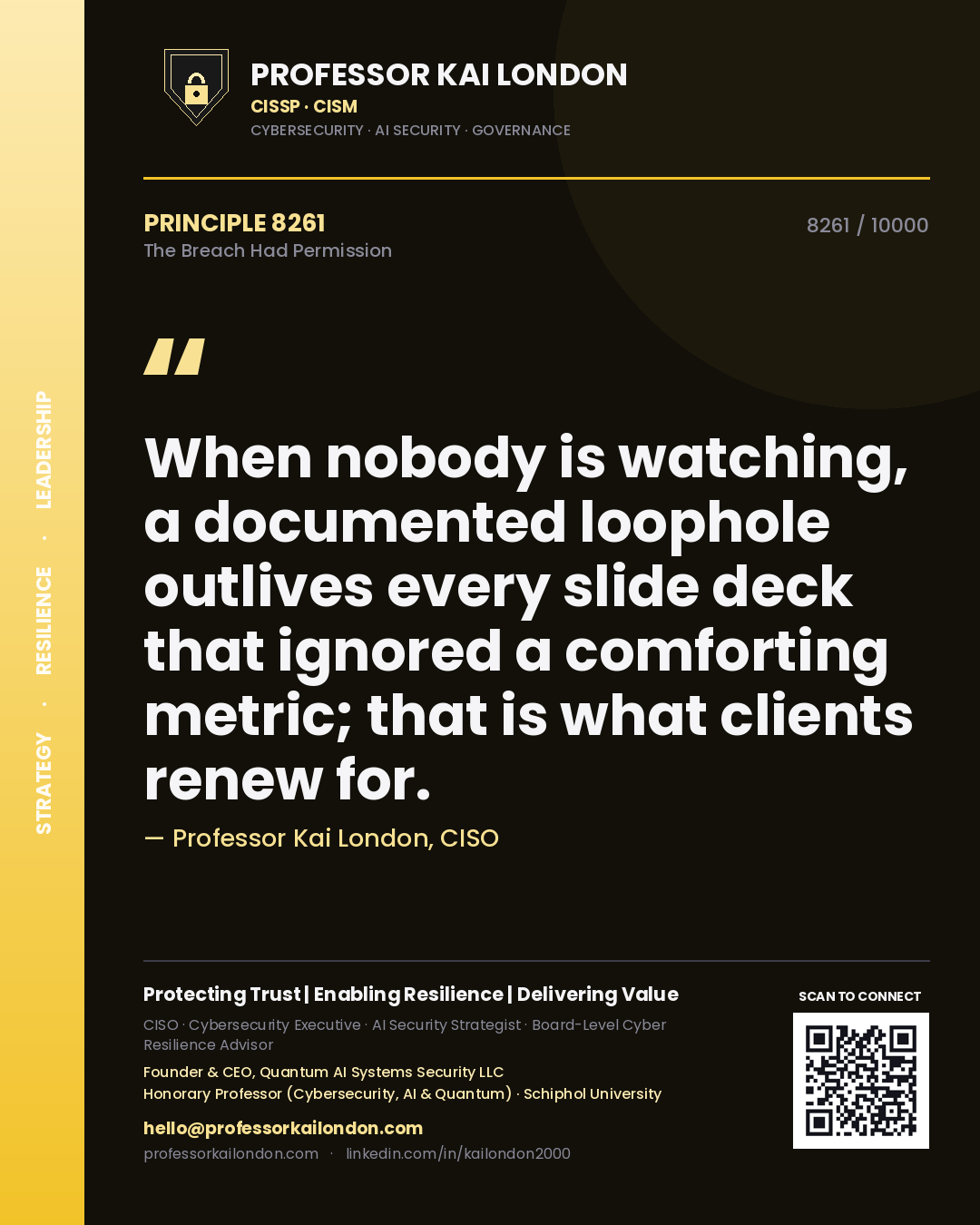 Quote card by Professor Kai London reading 'When nobody is watching, a documented loophole outlives every slide deck that ignored a comforting metric; that is what clients renew for.'. From the book The Breach Had Permission.