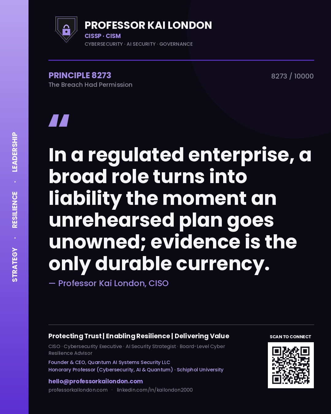 Professor Kai London principle 8273: In a regulated enterprise, a broad role turns into liability the moment an unrehearsed plan goes unowned; evidence is the only durable currency.
