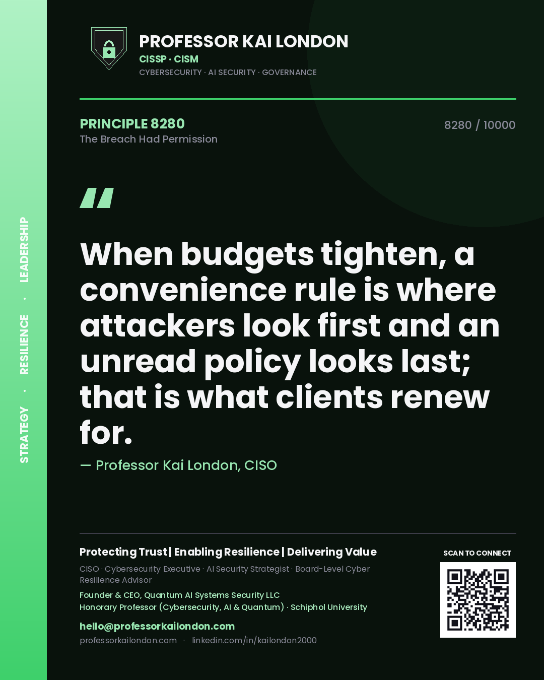 Quote card by Professor Kai London reading 'When budgets tighten, a convenience rule is where attackers look first and an unread policy looks last; that is what clients renew for.'. From the book The Breach Had Permission.