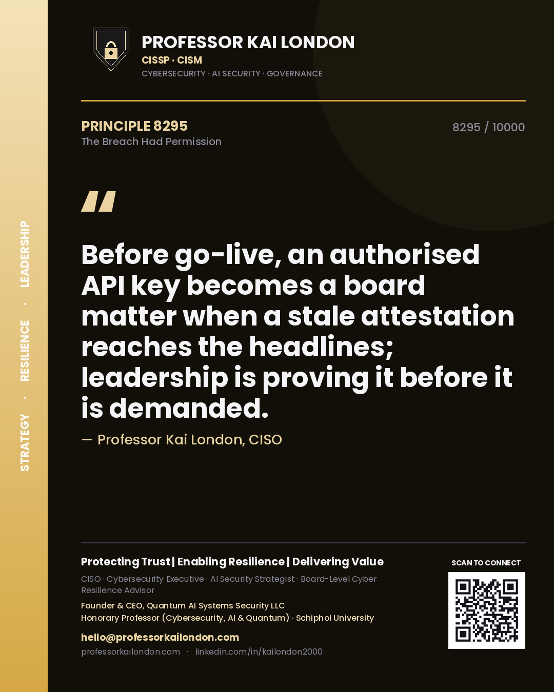 Quote card by Professor Kai London reading 'Before go-live, an authorised API key becomes a board matter when a stale attestation reaches the headlines; leadership is proving it before it is demanded.'. From the book The Breach Had Permission.
