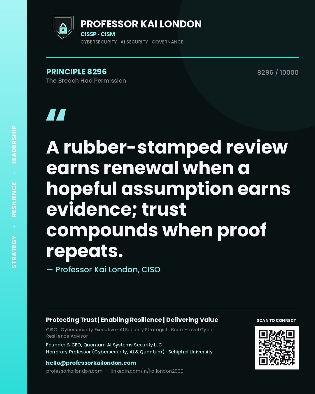 Quote card by Professor Kai London reading 'A rubber-stamped review earns renewal when a hopeful assumption earns evidence; trust compounds when proof repeats.'. From the book The Breach Had Permission.
