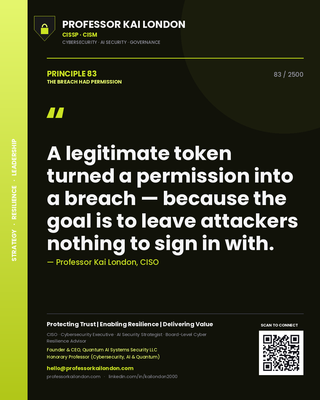 Quote card by Professor Kai London reading 'A legitimate token turned a permission into a breach — because the goal is to leave attackers nothing to sign in with.'. From the book The Breach Had Permission.