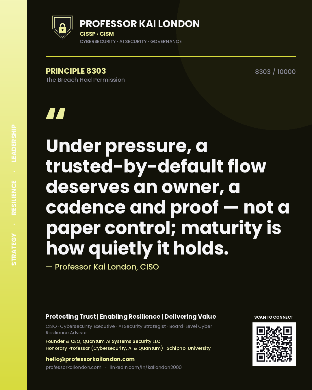 Professor Kai London principle 8303: Under pressure, a trusted-by-default flow deserves an owner, a cadence and proof — not a paper control; maturity is how quietly it holds.