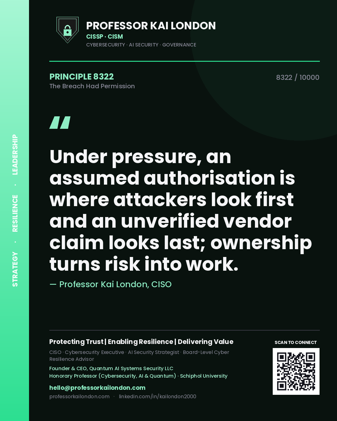 Professor Kai London principle 8322: Under pressure, an assumed authorisation is where attackers look first and an unverified vendor claim looks last; ownership turns risk into work.