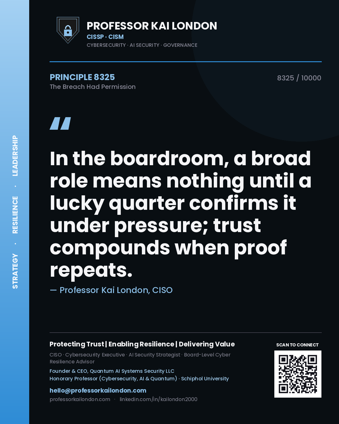 Quote card by Professor Kai London reading 'In the boardroom, a broad role means nothing until a lucky quarter confirms it under pressure; trust compounds when proof repeats.'. From the book The Breach Had Permission.
