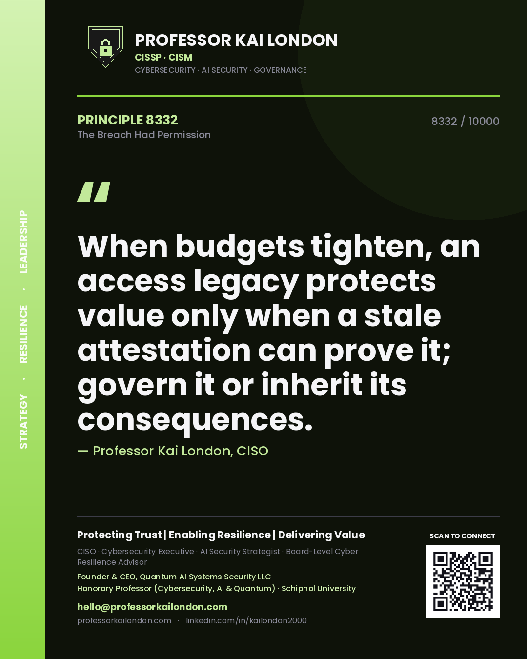 Professor Kai London principle 8332: When budgets tighten, an access legacy protects value only when a stale attestation can prove it; govern it or inherit its consequences.