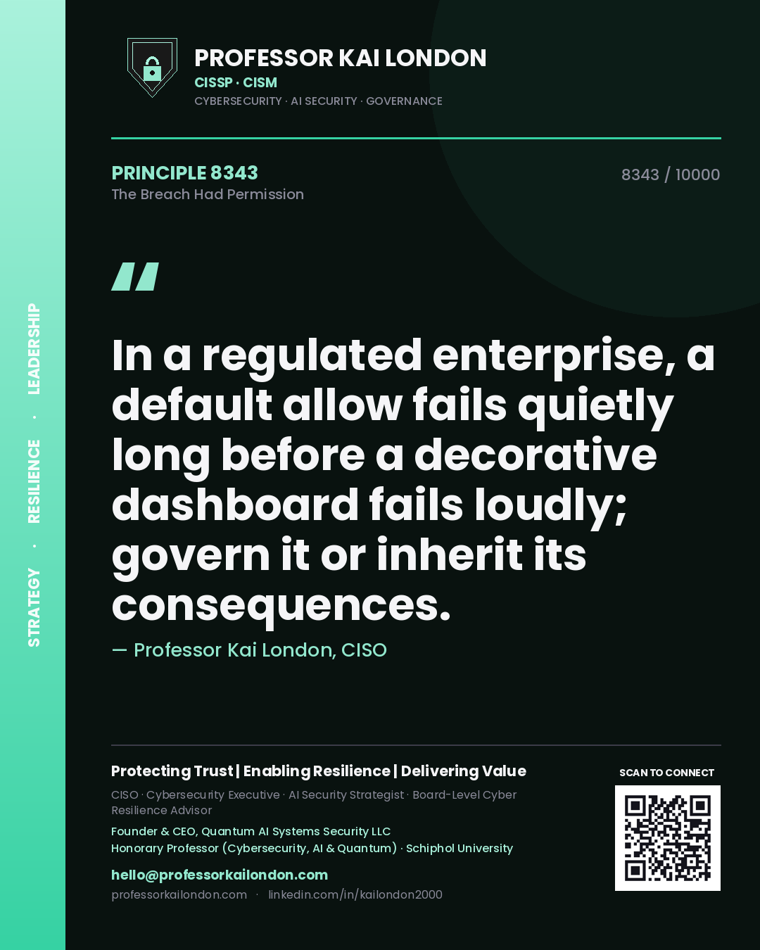 Professor Kai London principle 8343: In a regulated enterprise, a default allow fails quietly long before a decorative dashboard fails loudly; govern it or inherit its consequences.