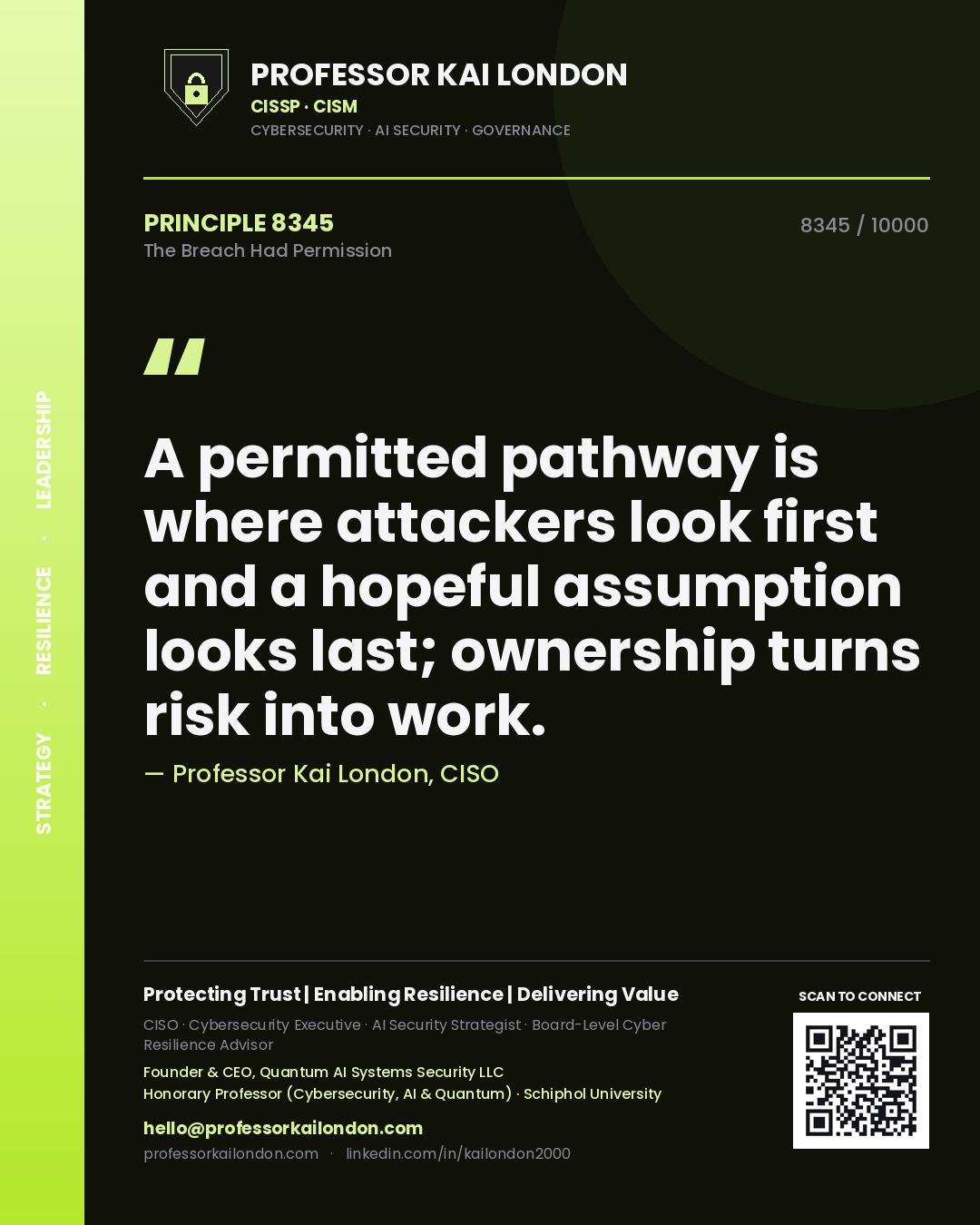 Professor Kai London principle 8345: A permitted pathway is where attackers look first and a hopeful assumption looks last; ownership turns risk into work.