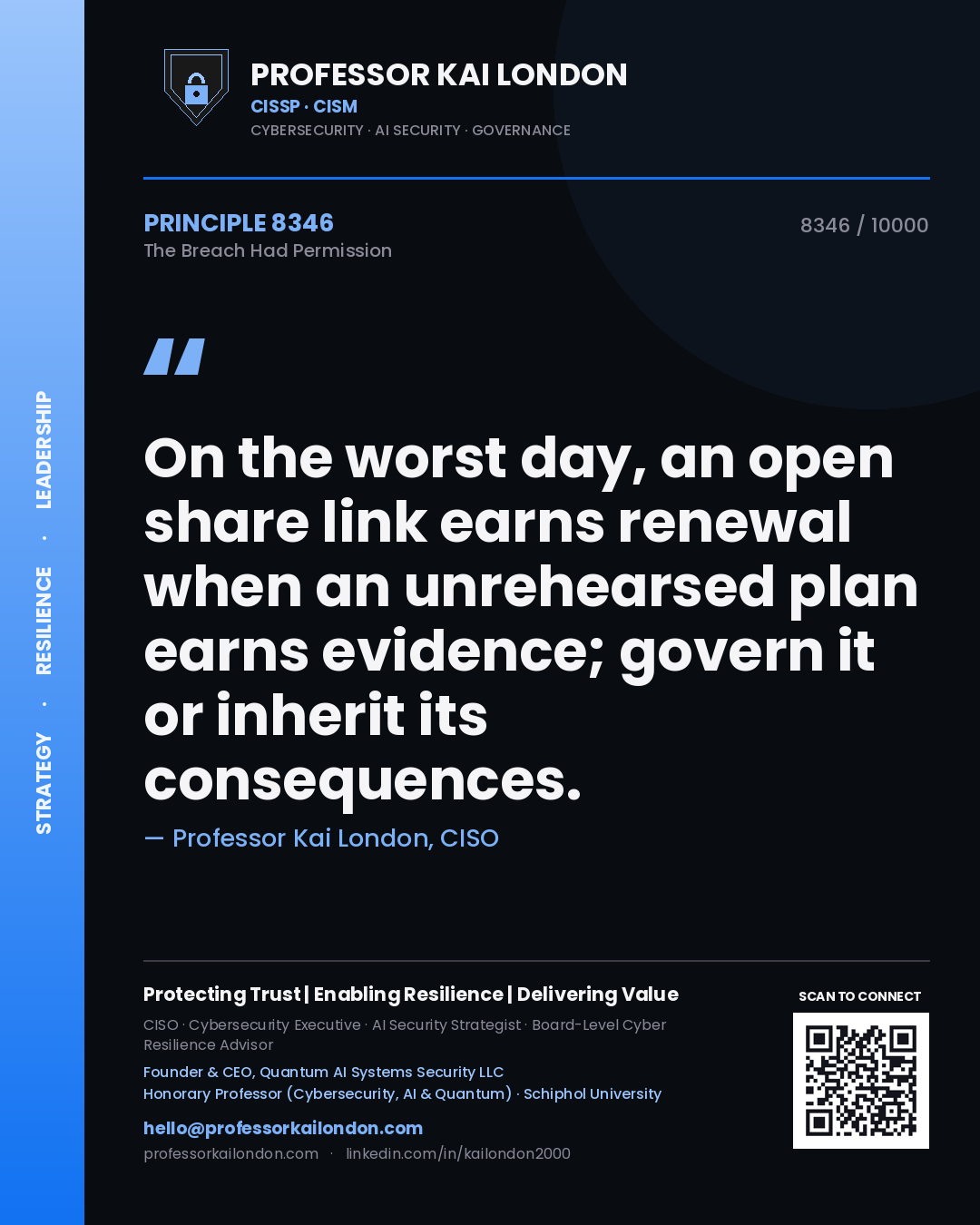Professor Kai London principle 8346: On the worst day, an open share link earns renewal when an unrehearsed plan earns evidence; govern it or inherit its consequences.