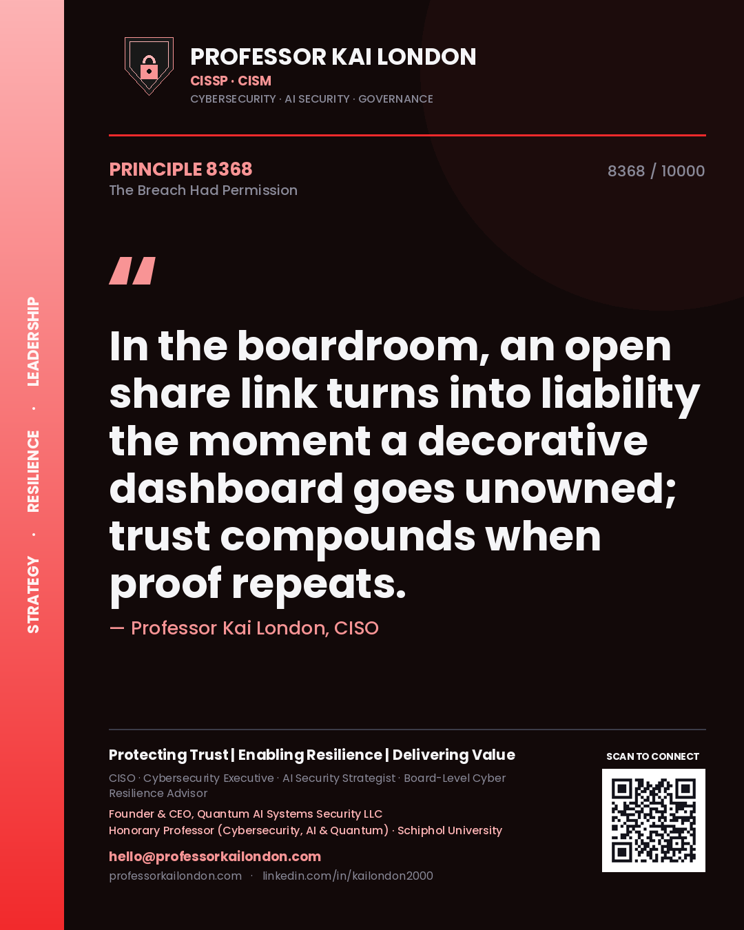 Professor Kai London principle 8368: In the boardroom, an open share link turns into liability the moment a decorative dashboard goes unowned; trust compounds when proof repeats.