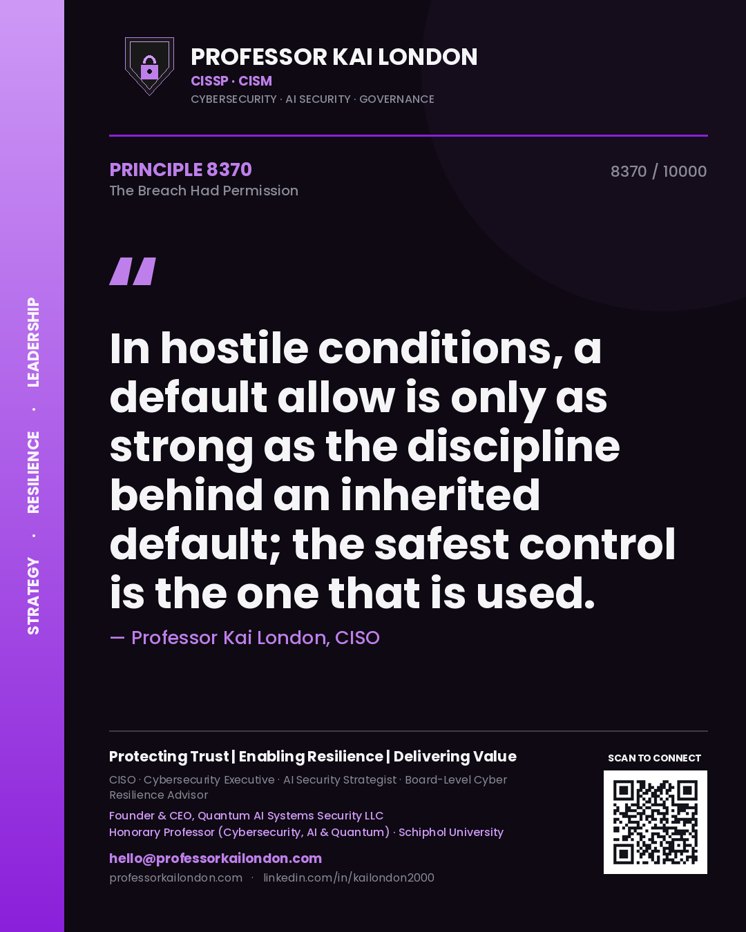 Quote card by Professor Kai London reading 'In hostile conditions, a default allow is only as strong as the discipline behind an inherited default; the safest control is the one that is used.'. From the book The Breach Had Permission.