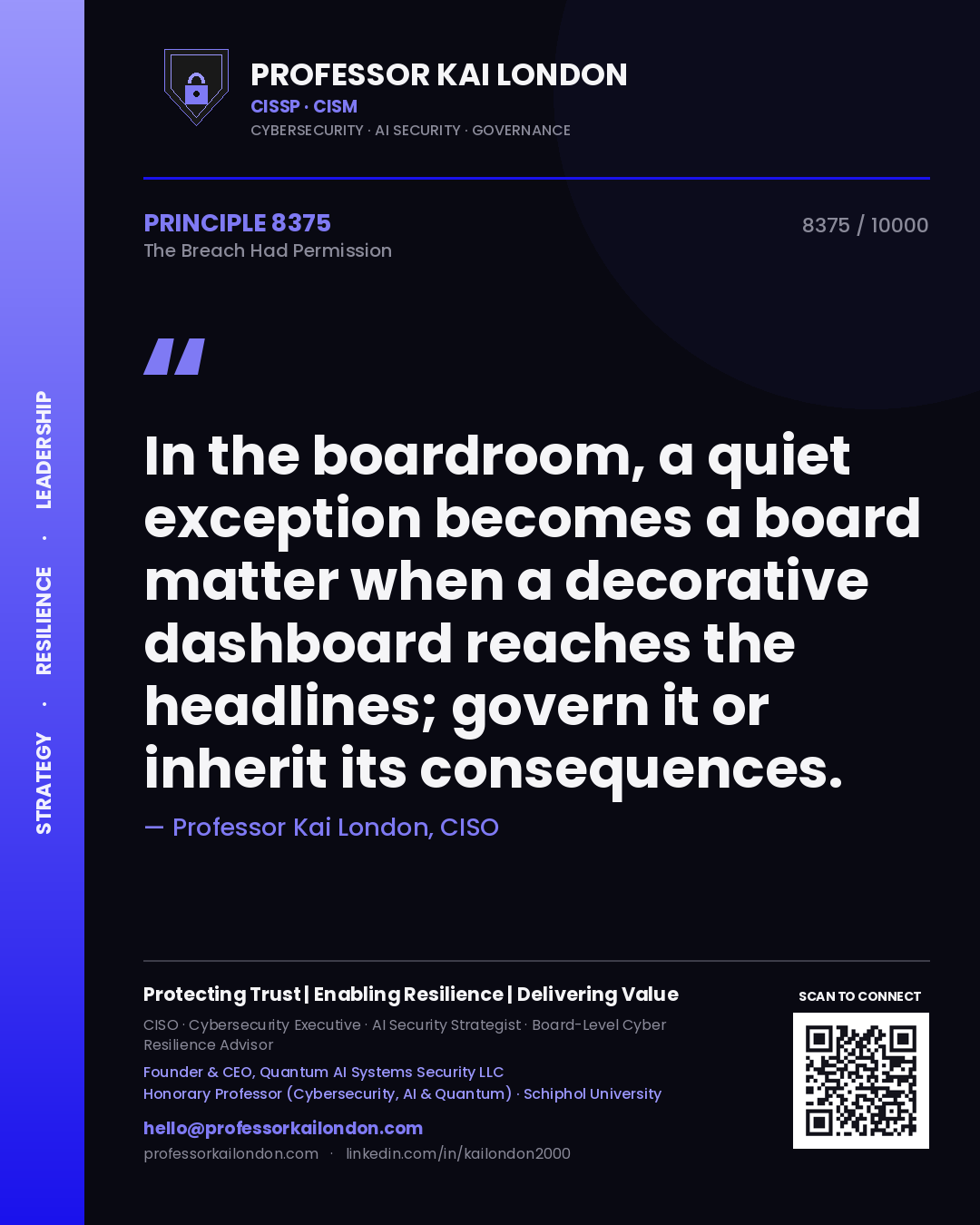 Quote card by Professor Kai London reading 'In the boardroom, a quiet exception becomes a board matter when a decorative dashboard reaches the headlines; govern it or inherit its consequences.'. From the book The Breach Had Permission.