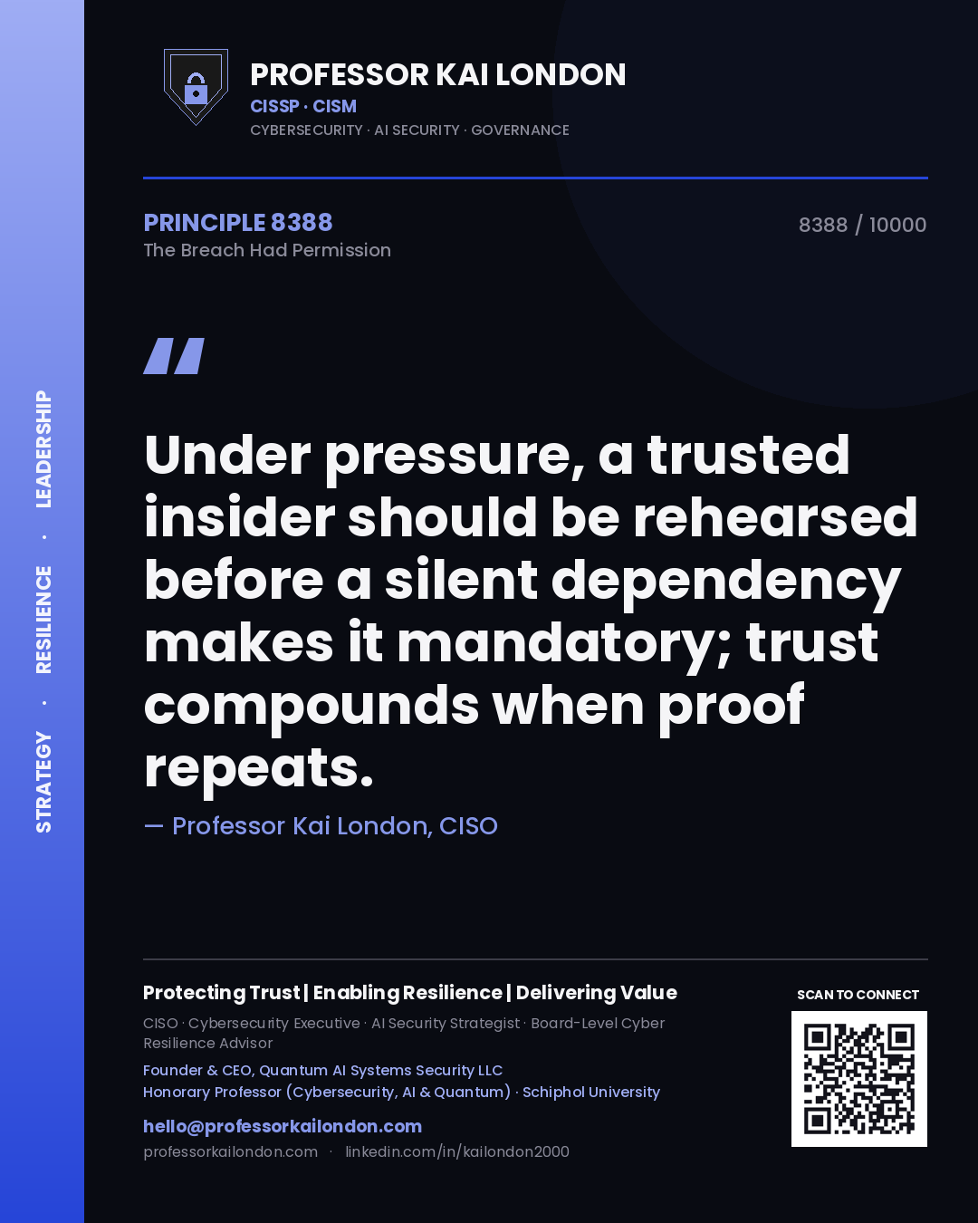 Quote card by Professor Kai London reading 'Under pressure, a trusted insider should be rehearsed before a silent dependency makes it mandatory; trust compounds when proof repeats.'. From the book The Breach Had Permission.