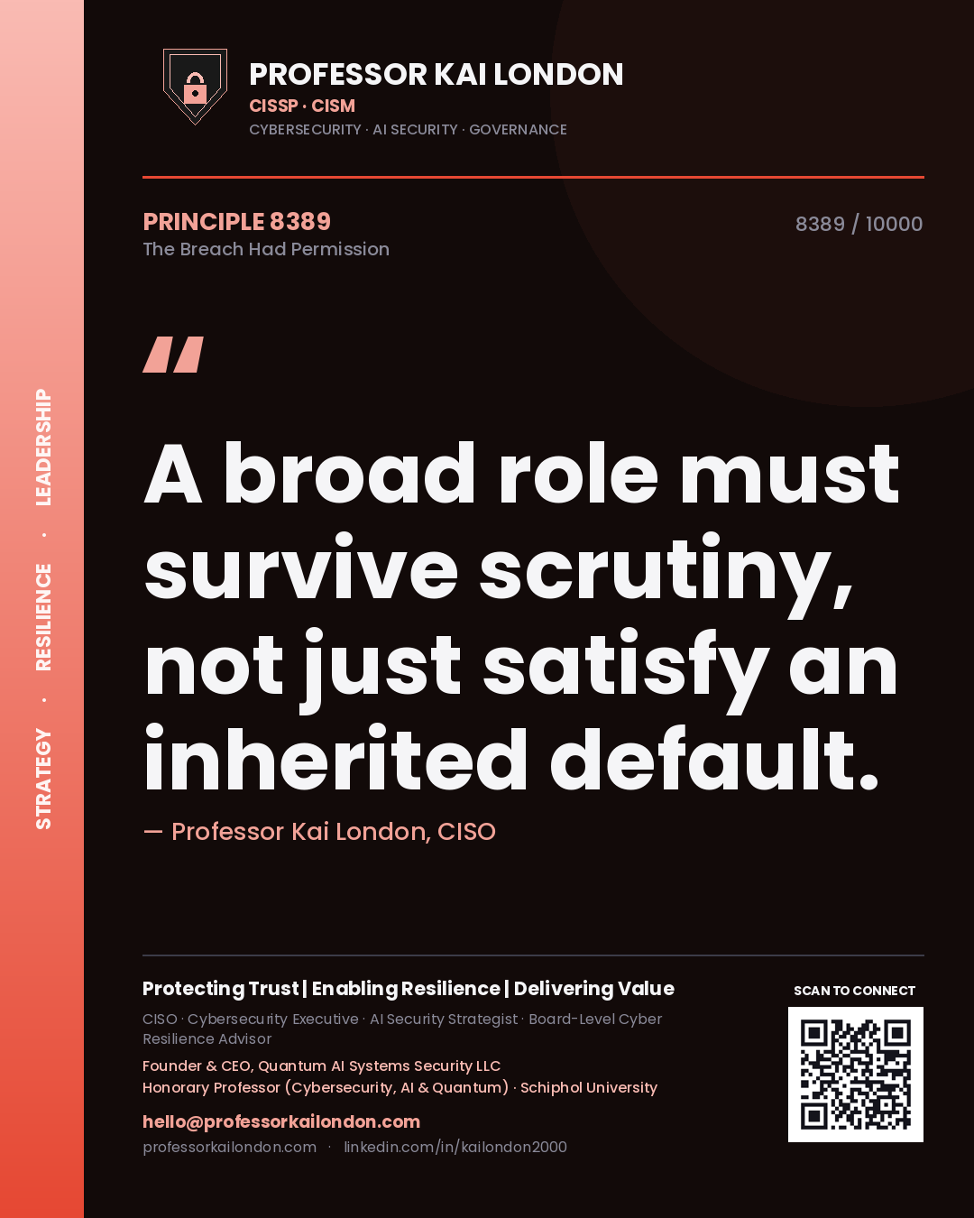 Quote card by Professor Kai London reading 'A broad role must survive scrutiny, not just satisfy an inherited default.'. From the book The Breach Had Permission.