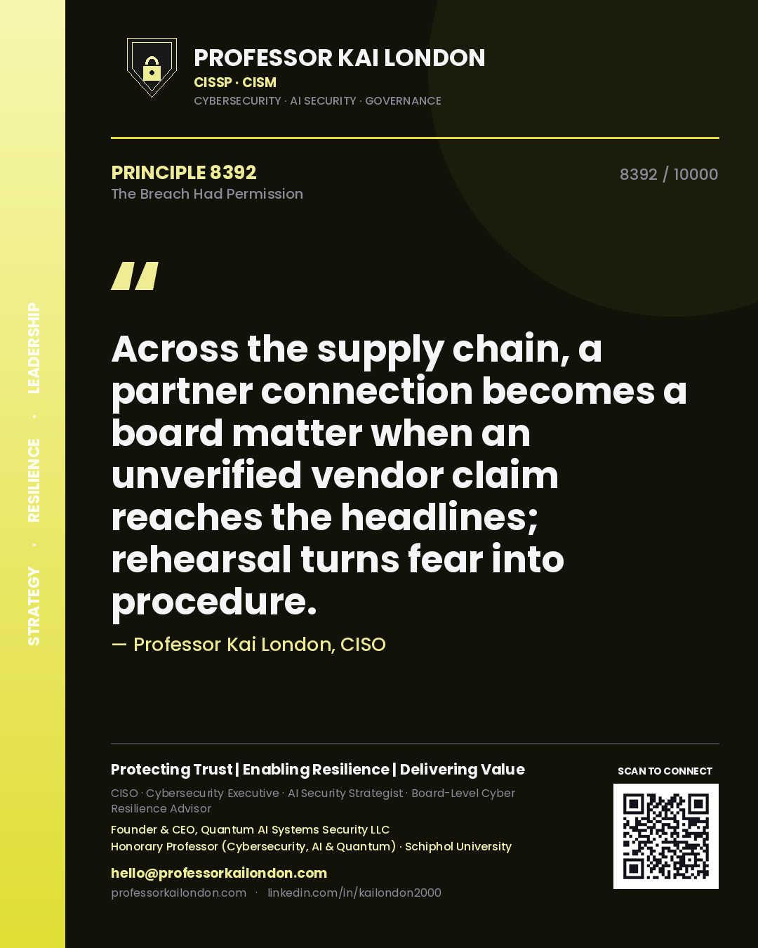 Professor Kai London principle 8392: Across the supply chain, a partner connection becomes a board matter when an unverified vendor claim reaches the headlines; rehearsal turns fear into procedure.