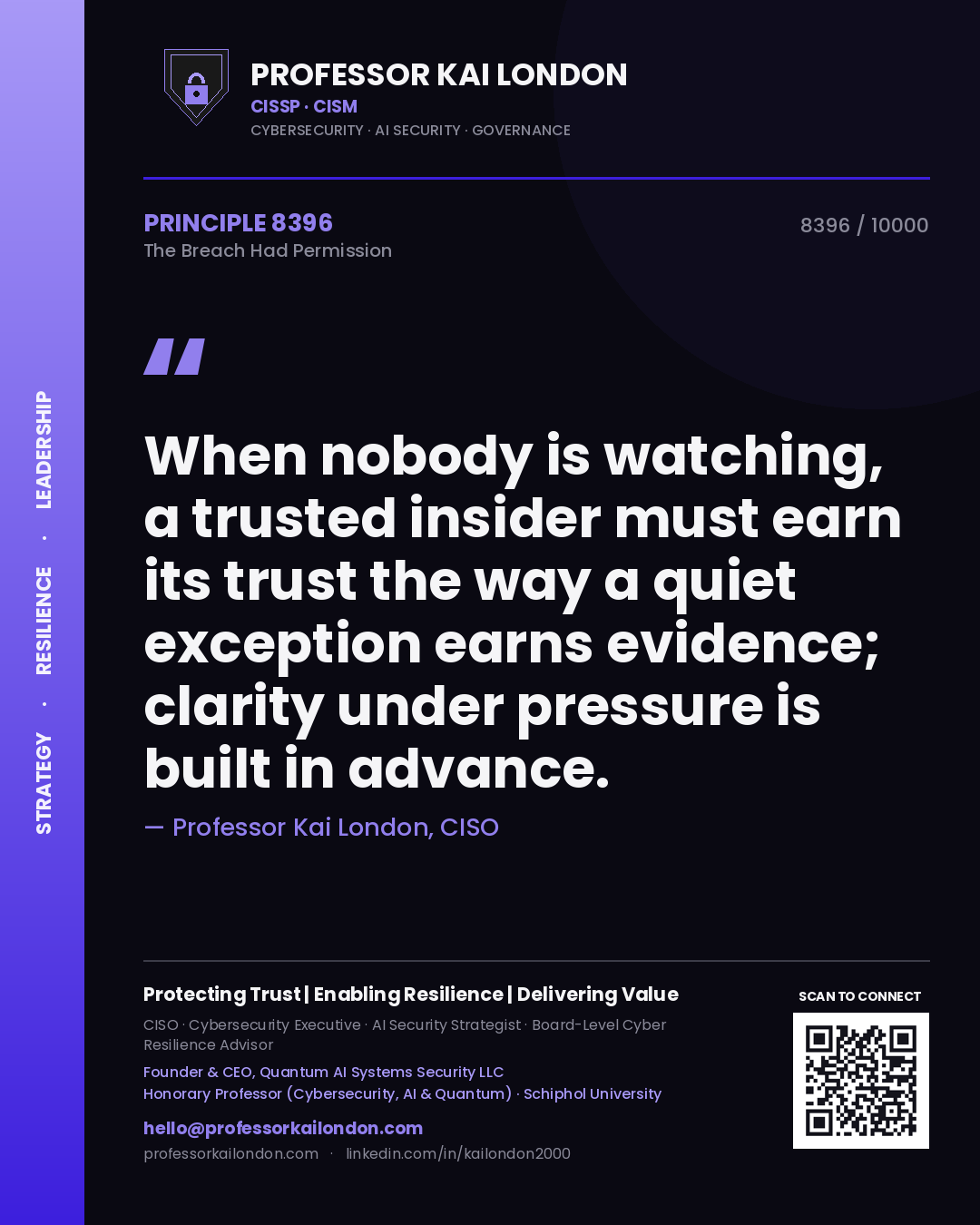 Quote card by Professor Kai London reading 'When nobody is watching, a trusted insider must earn its trust the way a quiet exception earns evidence; clarity under pressure is built in advance.'. From the book The Breach Had Permission.
