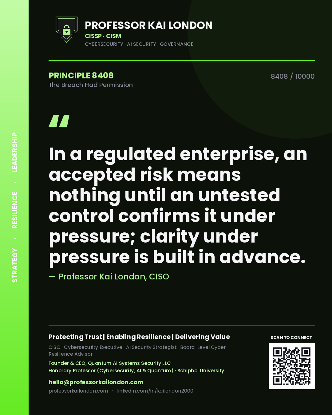 Professor Kai London principle 8408: In a regulated enterprise, an accepted risk means nothing until an untested control confirms it under pressure; clarity under pressure is built in advance.