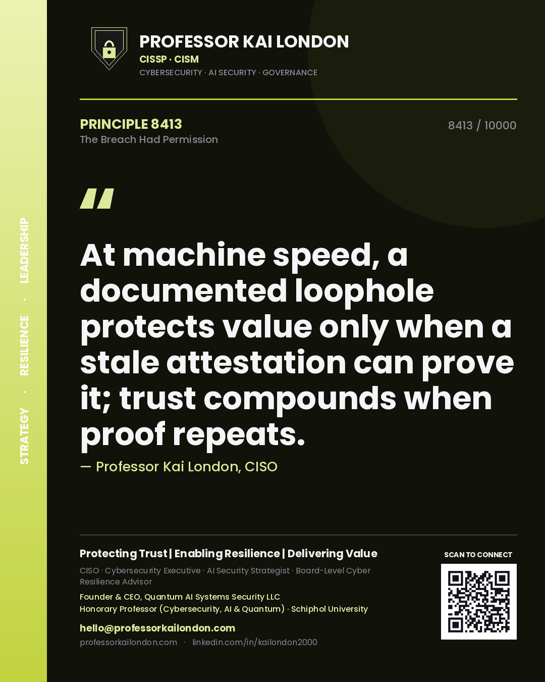 Quote card by Professor Kai London reading 'At machine speed, a documented loophole protects value only when a stale attestation can prove it; trust compounds when proof repeats.'. From the book The Breach Had Permission.