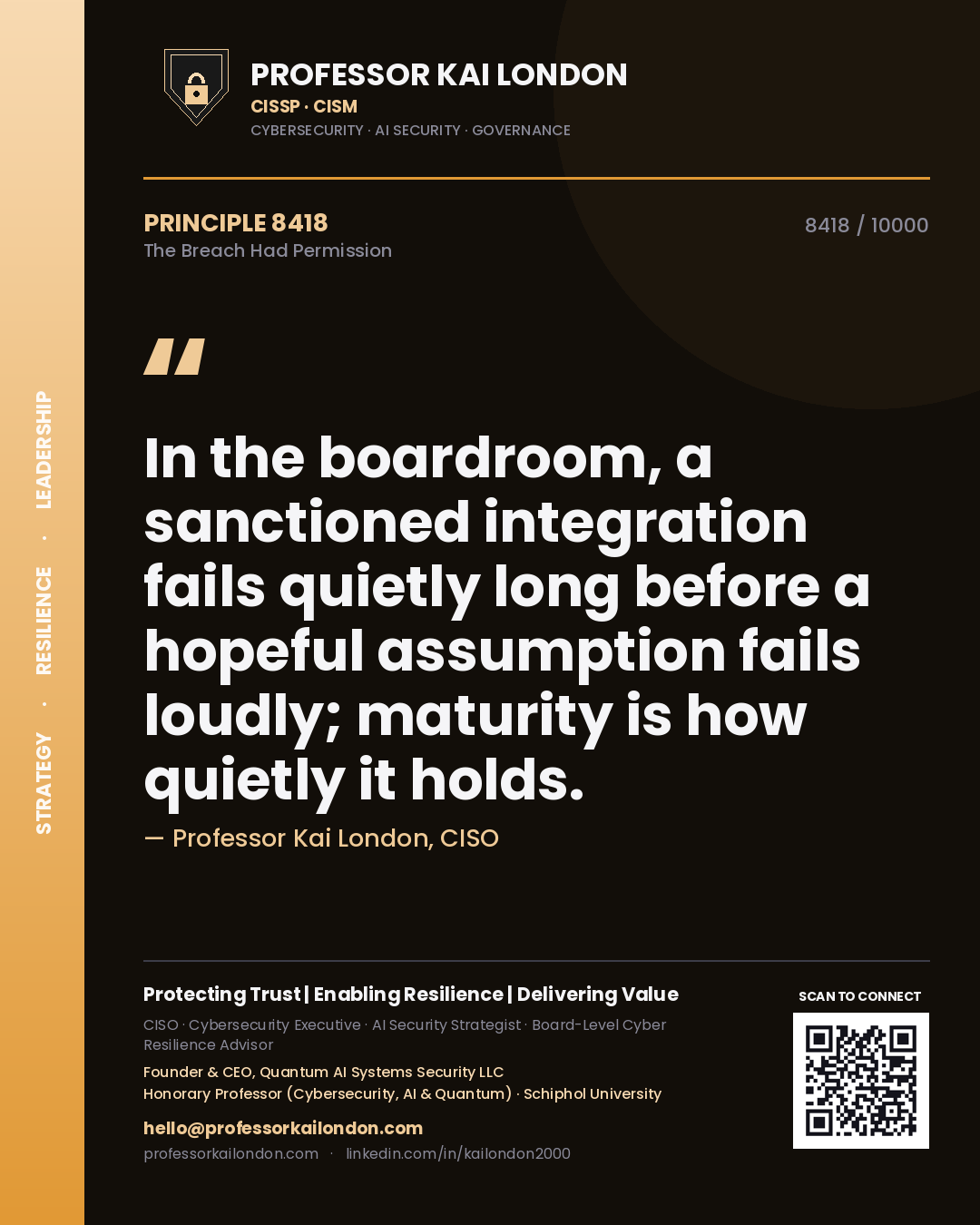 Quote card by Professor Kai London reading 'In the boardroom, a sanctioned integration fails quietly long before a hopeful assumption fails loudly; maturity is how quietly it holds.'. From the book The Breach Had Permission.
