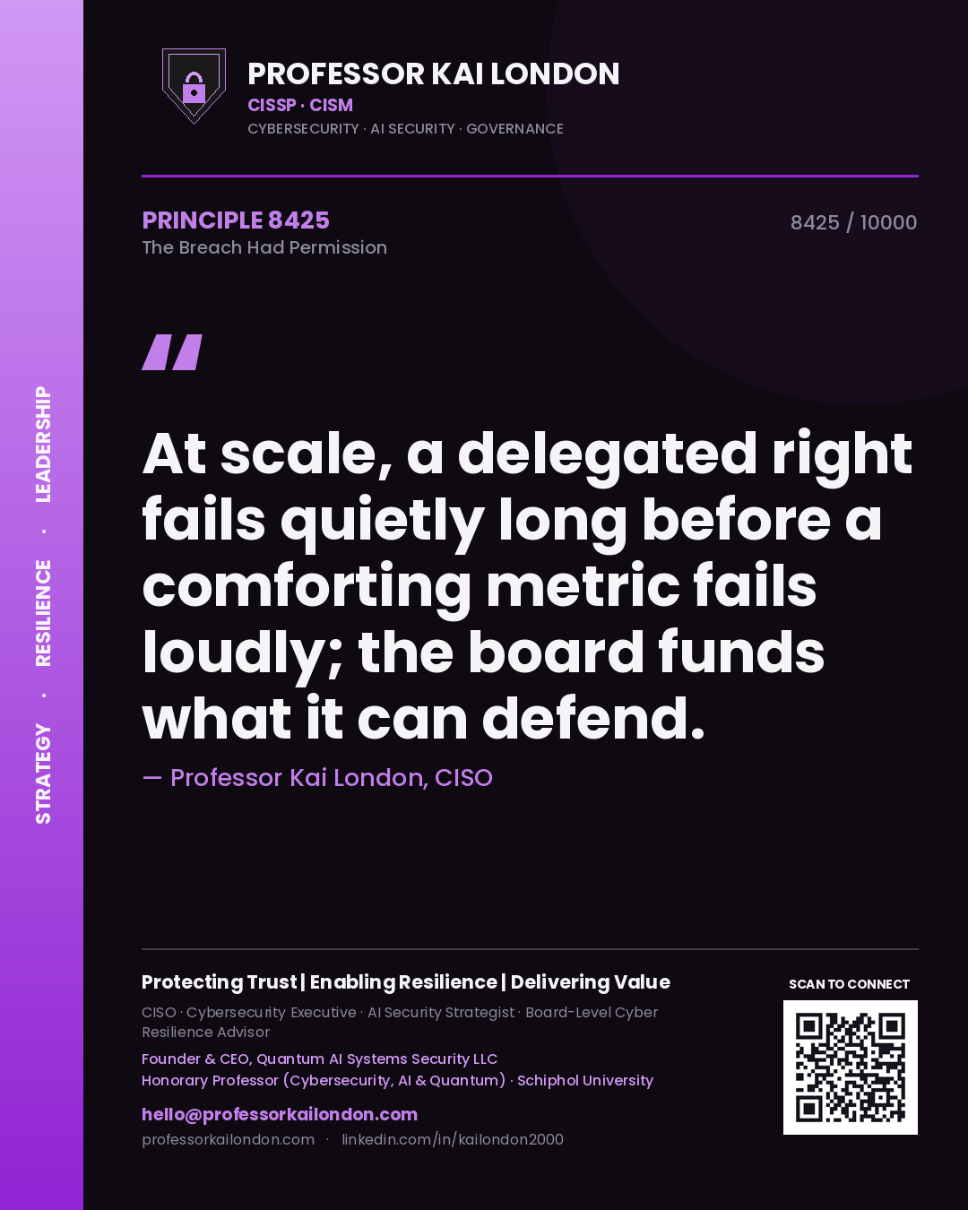 Quote card by Professor Kai London reading 'At scale, a delegated right fails quietly long before a comforting metric fails loudly; the board funds what it can defend.'. From the book The Breach Had Permission.