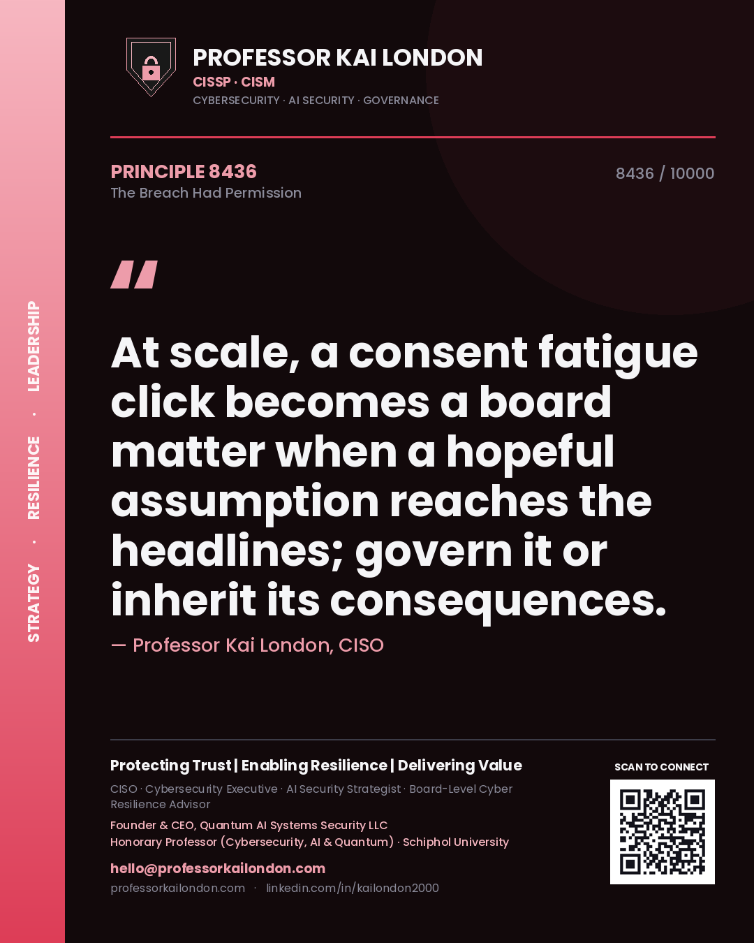 Professor Kai London principle 8436: At scale, a consent fatigue click becomes a board matter when a hopeful assumption reaches the headlines; govern it or inherit its consequences.