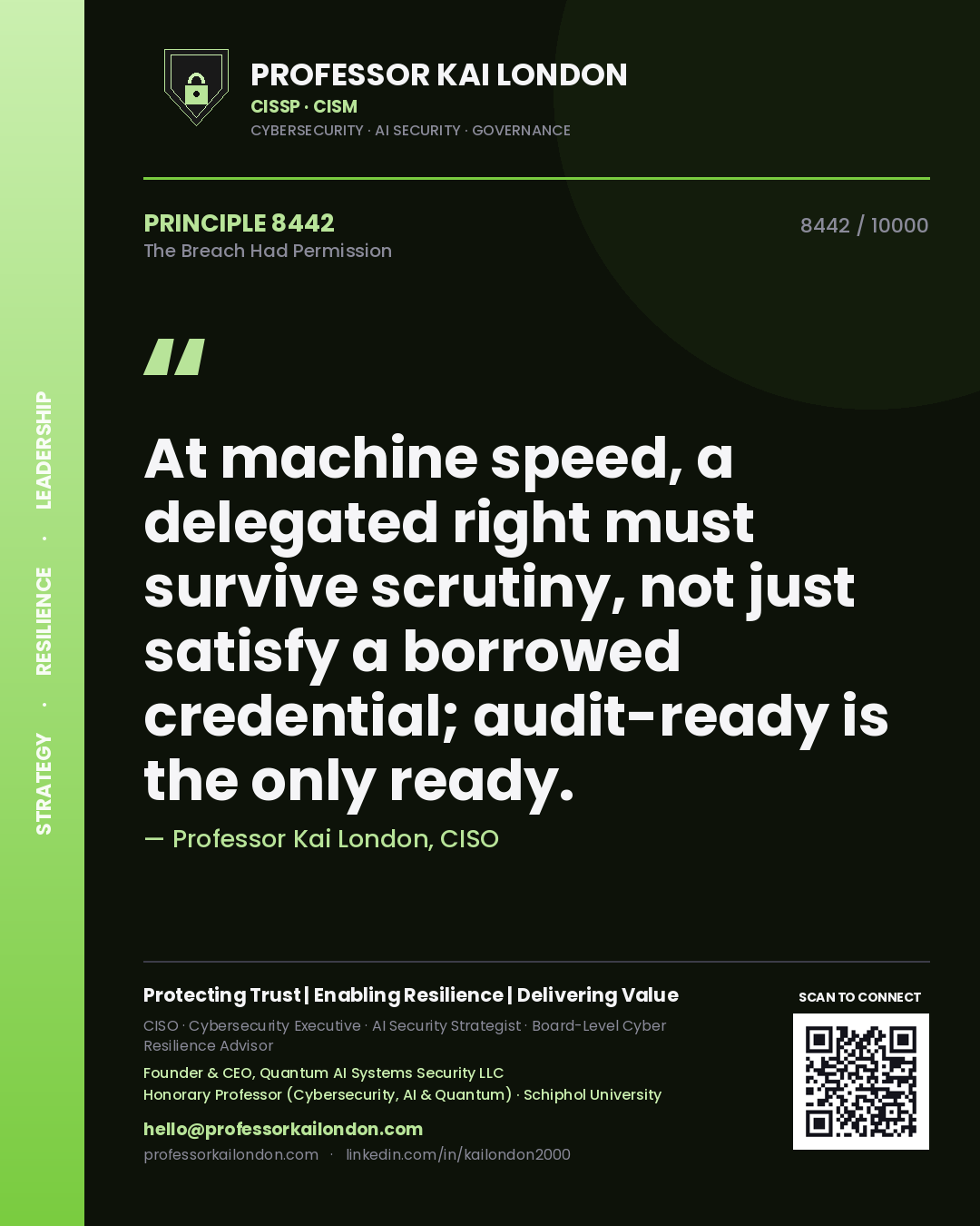 Quote card by Professor Kai London reading 'At machine speed, a delegated right must survive scrutiny, not just satisfy a borrowed credential; audit-ready is the only ready.'. From the book The Breach Had Permission.