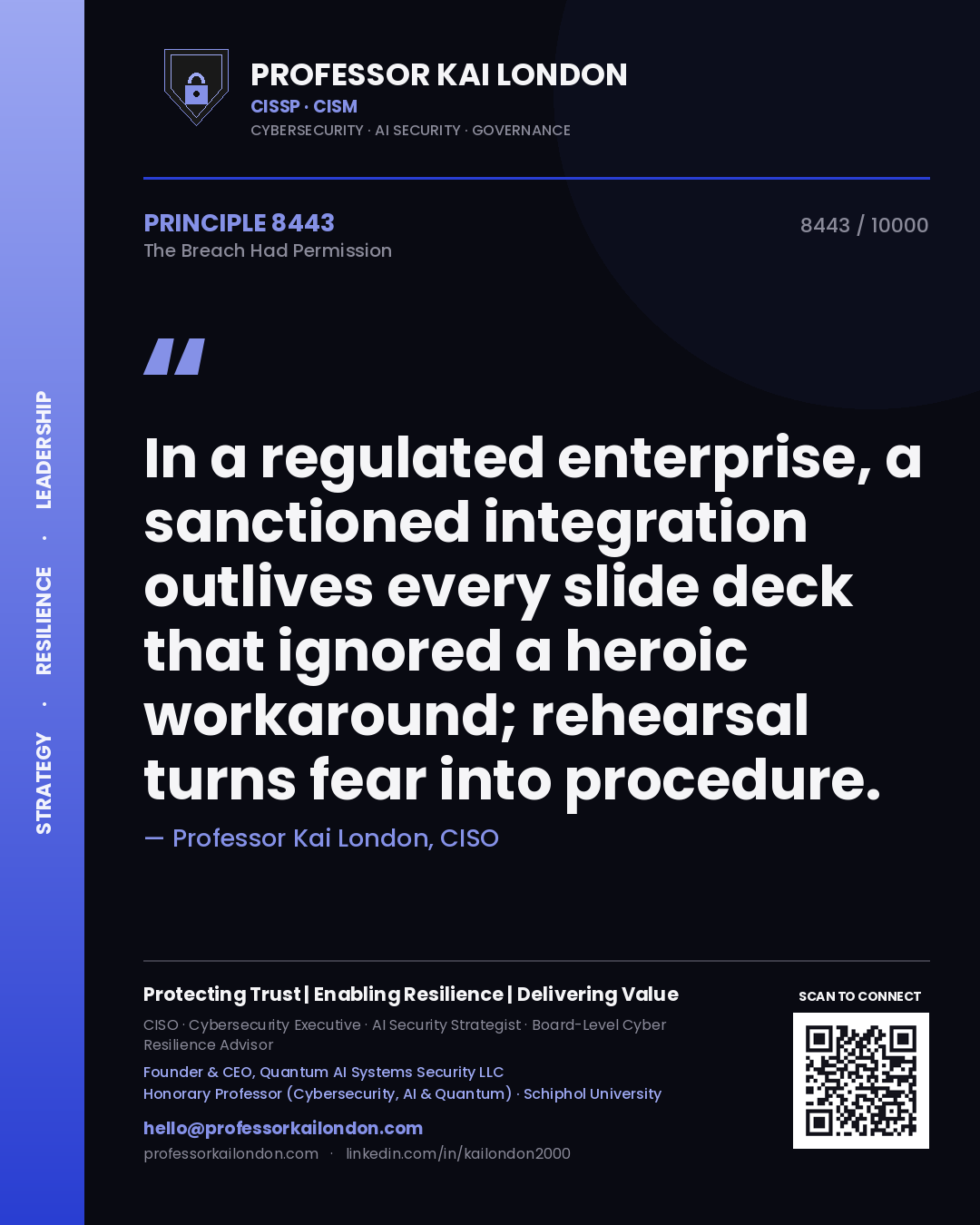 Quote card by Professor Kai London reading 'In a regulated enterprise, a sanctioned integration outlives every slide deck that ignored a heroic workaround; rehearsal turns fear into procedure.'. From the book The Breach Had Permission.