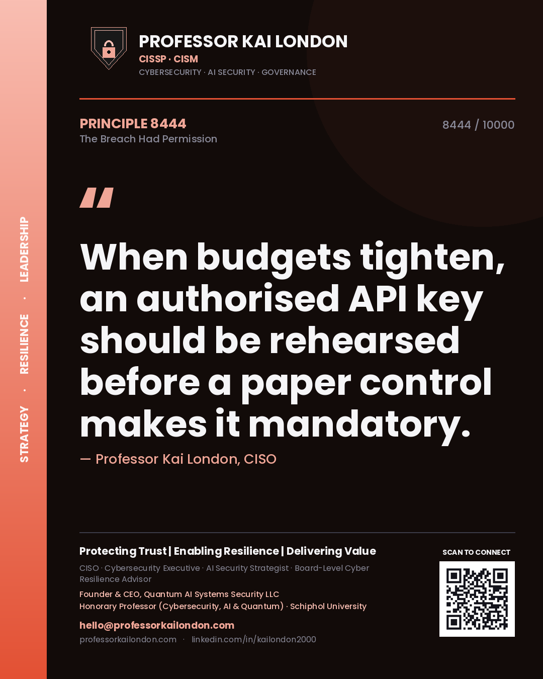Professor Kai London principle 8444: When budgets tighten, an authorised API key should be rehearsed before a paper control makes it mandatory.