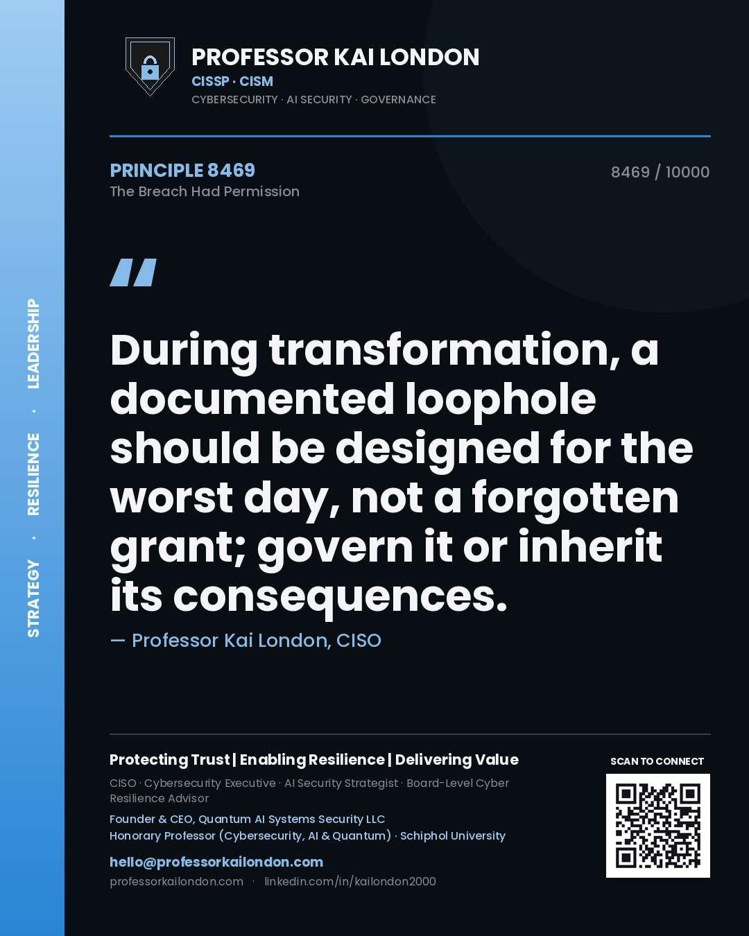 Quote card by Professor Kai London reading 'During transformation, a documented loophole should be designed for the worst day, not a forgotten grant; govern it or inherit its consequences.'. From the book The Breach Had Permission.
