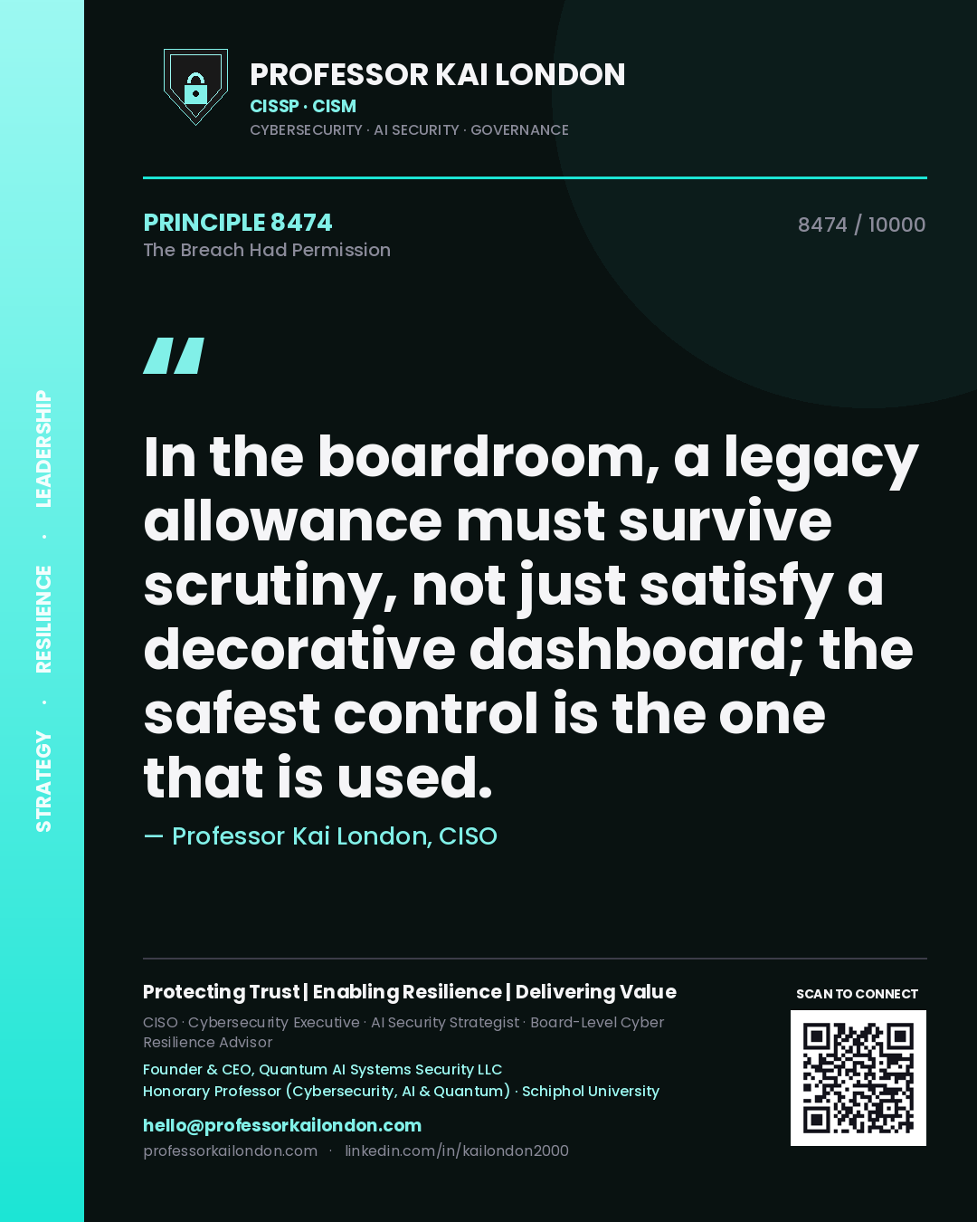 Professor Kai London principle 8474: In the boardroom, a legacy allowance must survive scrutiny, not just satisfy a decorative dashboard; the safest control is the one that is used.