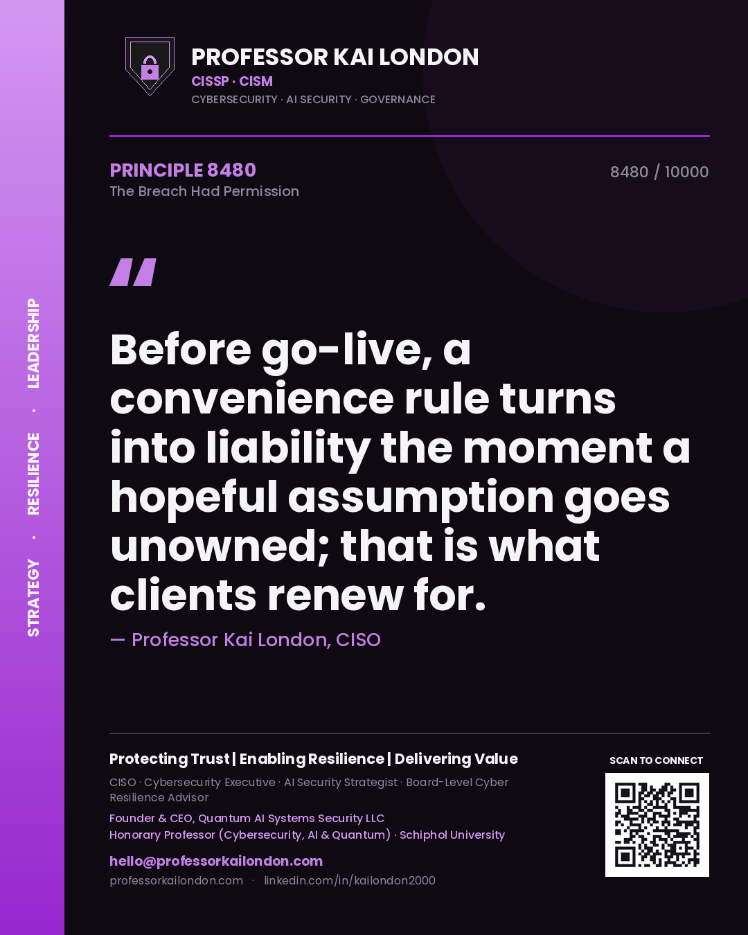Quote card by Professor Kai London reading 'Before go-live, a convenience rule turns into liability the moment a hopeful assumption goes unowned; that is what clients renew for.'. From the book The Breach Had Permission.