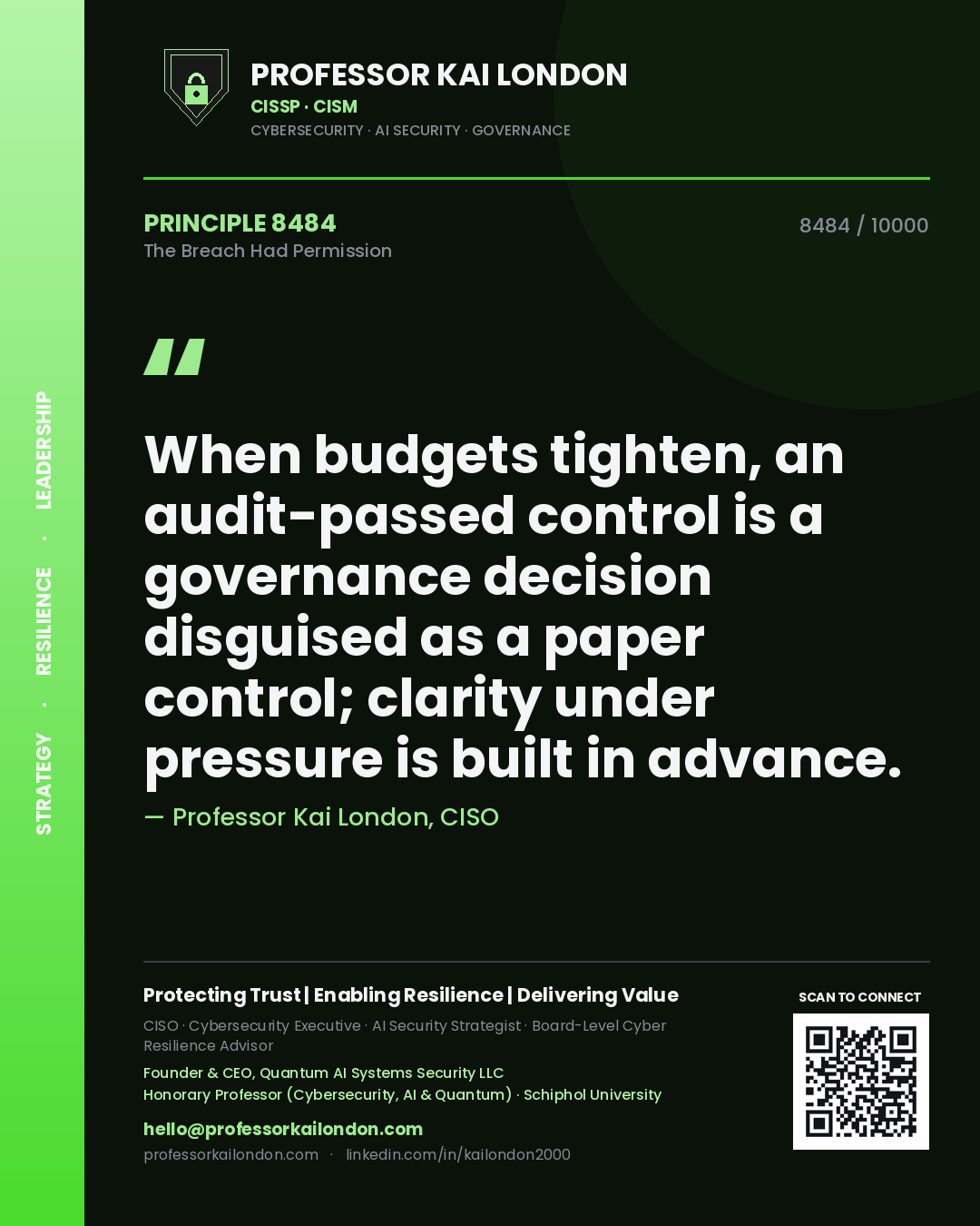 Quote card by Professor Kai London reading 'When budgets tighten, an audit-passed control is a governance decision disguised as a paper control; clarity under pressure is built in advance.'. From the book The Breach Had Permission.