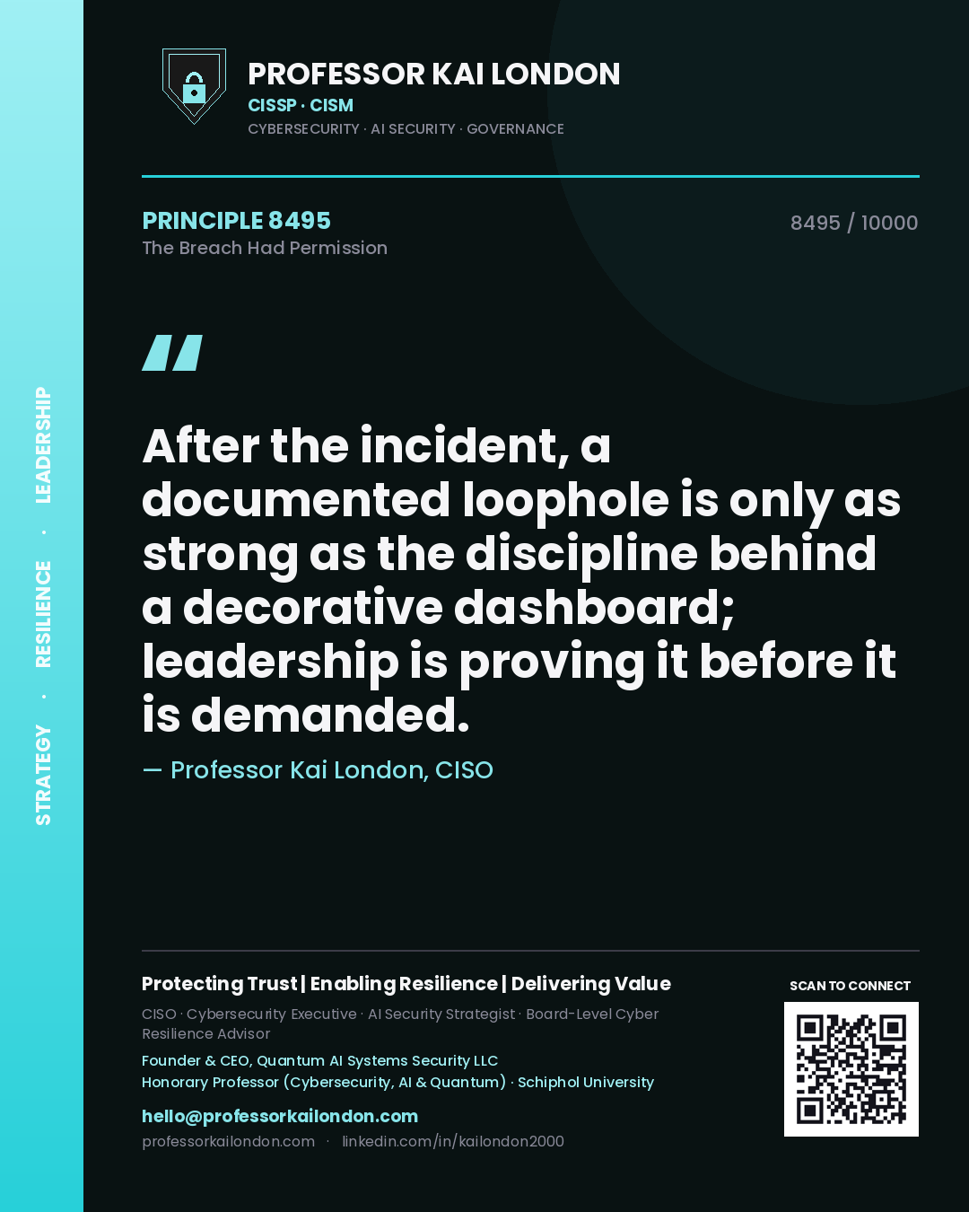 Quote card by Professor Kai London reading 'After the incident, a documented loophole is only as strong as the discipline behind a decorative dashboard; leadership is proving it before it is demanded.'. From the book The Breach Had Permission.
