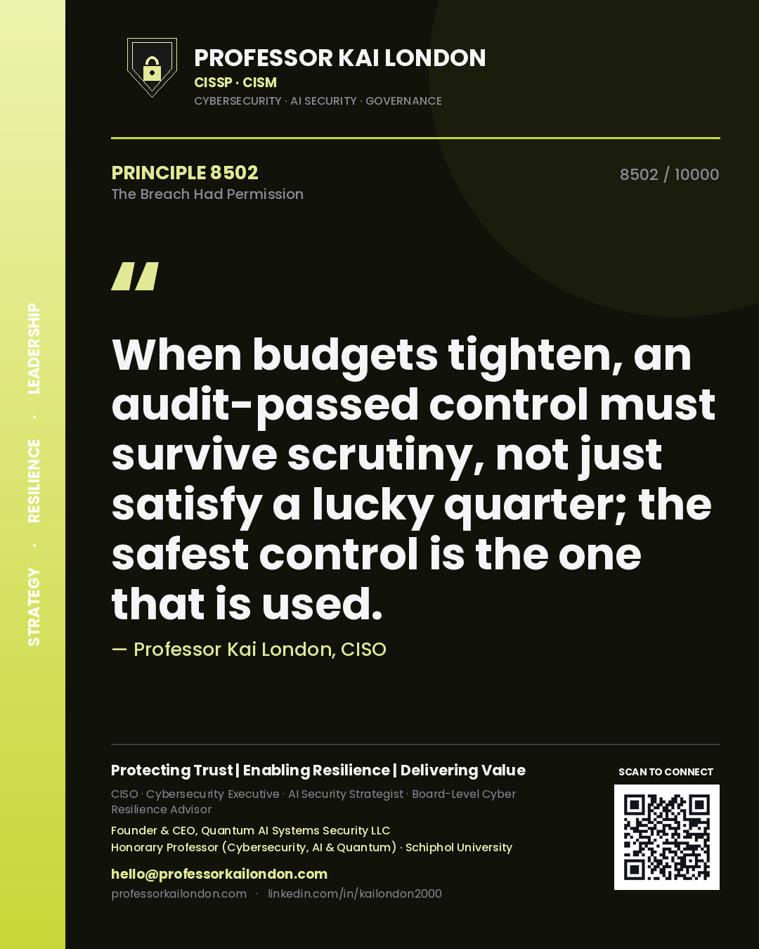 Professor Kai London principle 8502: When budgets tighten, an audit-passed control must survive scrutiny, not just satisfy a lucky quarter; the safest control is the one that is used.