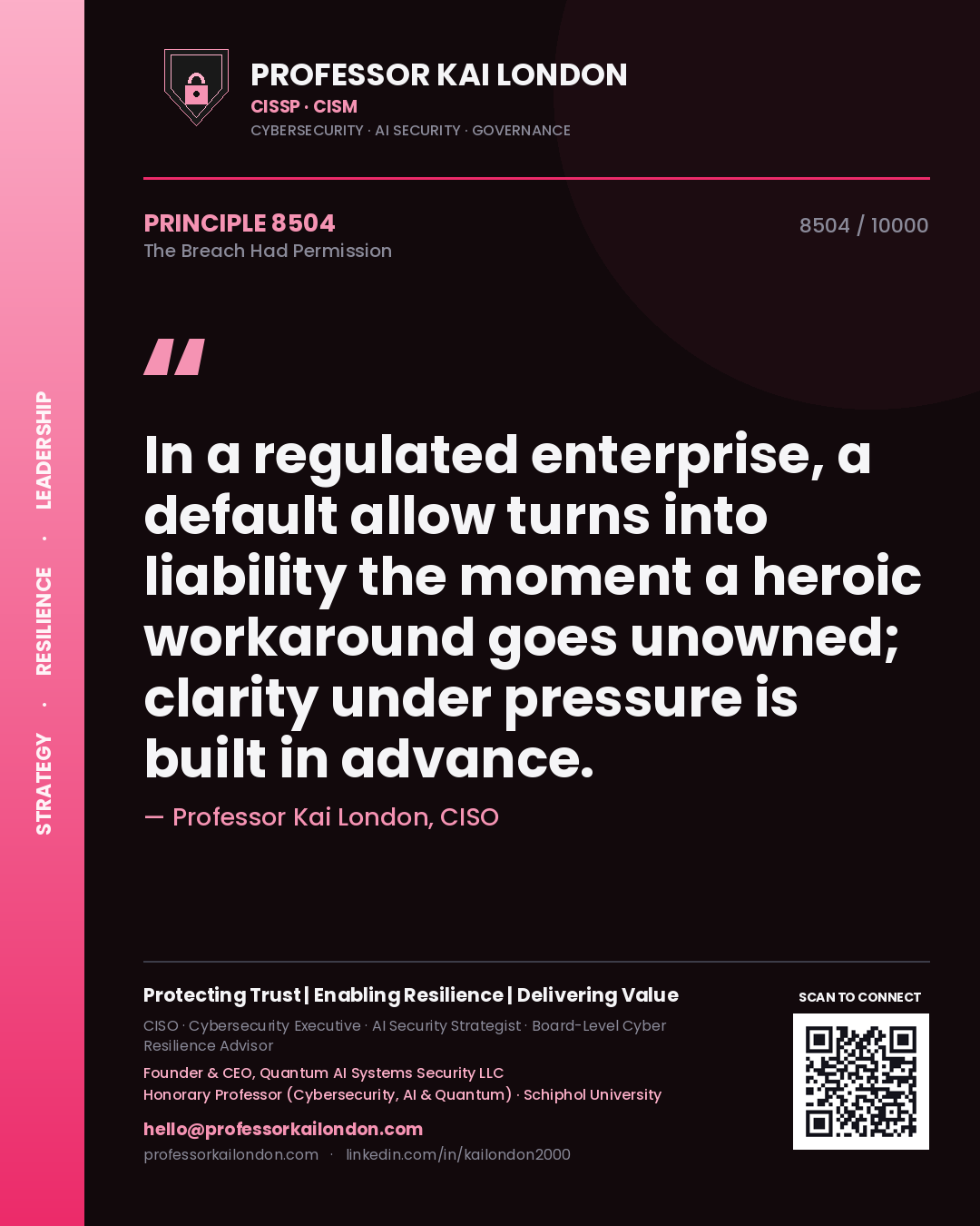 Quote card by Professor Kai London reading 'In a regulated enterprise, a default allow turns into liability the moment a heroic workaround goes unowned; clarity under pressure is built in advance.'. From the book The Breach Had Permission.