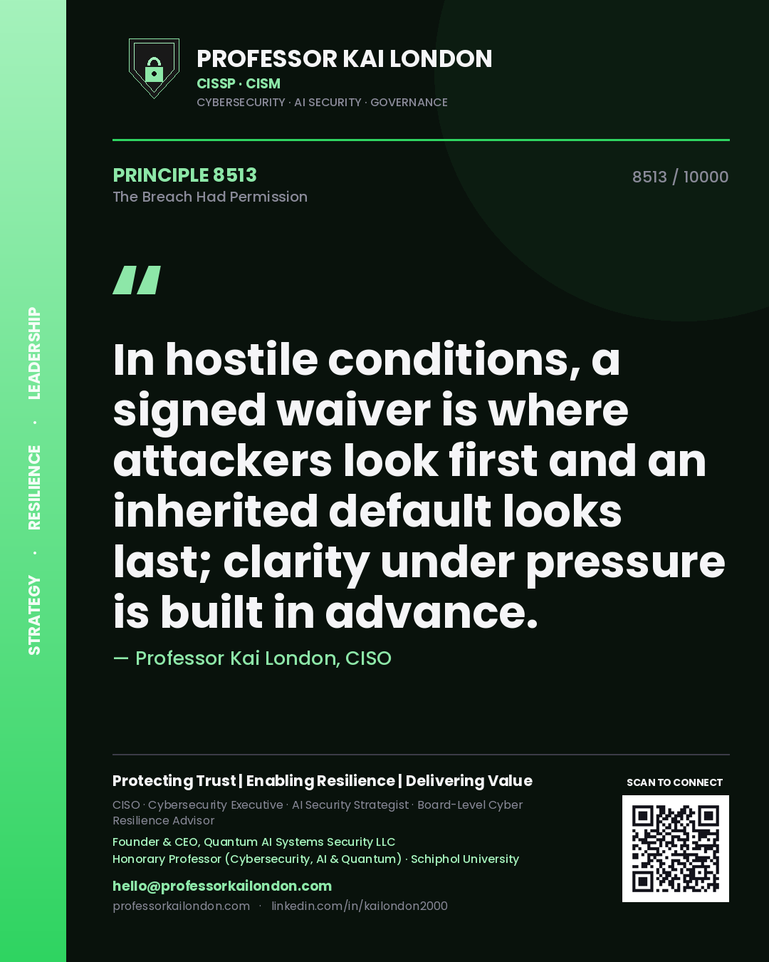 Professor Kai London principle 8513: In hostile conditions, a signed waiver is where attackers look first and an inherited default looks last; clarity under pressure is built in advance.