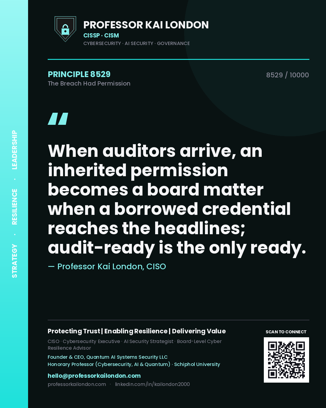 Quote card by Professor Kai London reading 'When auditors arrive, an inherited permission becomes a board matter when a borrowed credential reaches the headlines; audit-ready is the only ready.'. From the book The Breach Had Permission.