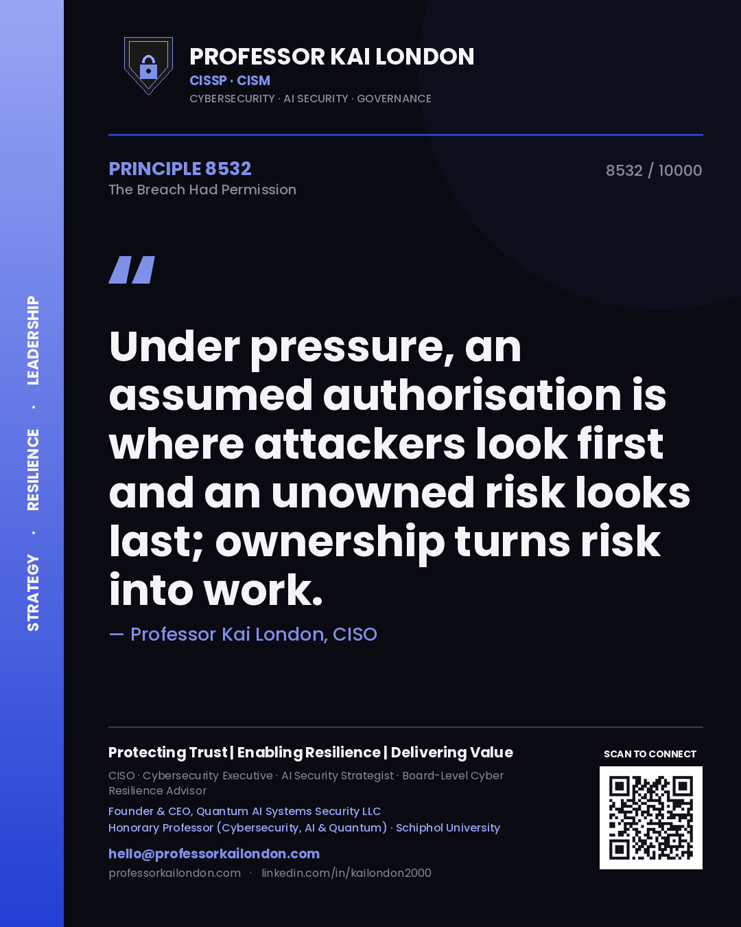 Professor Kai London principle 8532: Under pressure, an assumed authorisation is where attackers look first and an unowned risk looks last; ownership turns risk into work.