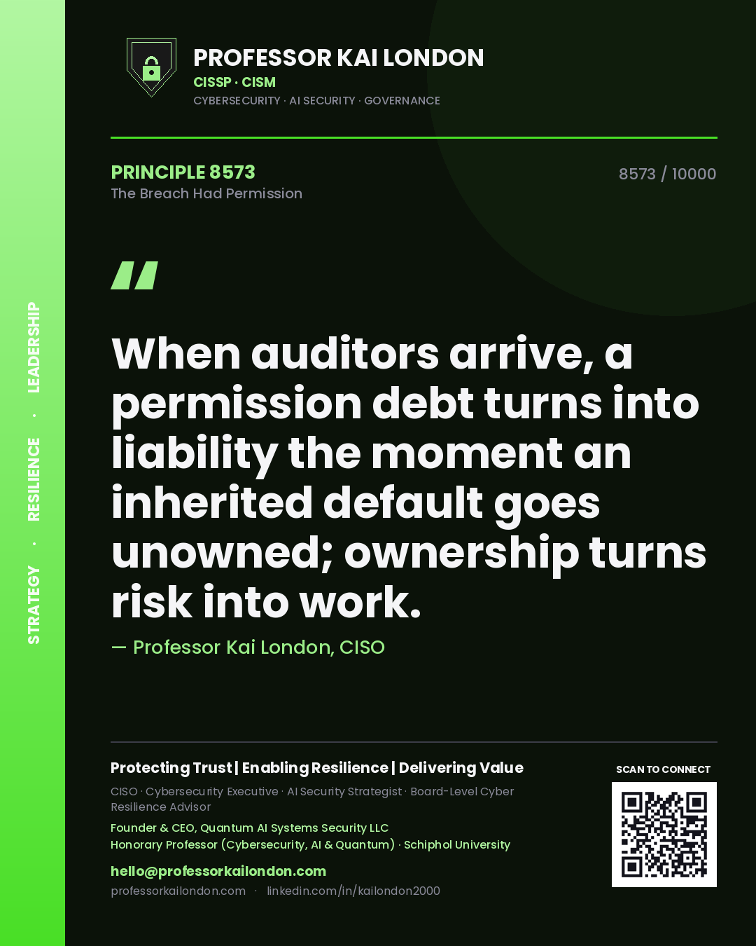 Quote card by Professor Kai London reading 'When auditors arrive, a permission debt turns into liability the moment an inherited default goes unowned; ownership turns risk into work.'. From the book The Breach Had Permission.