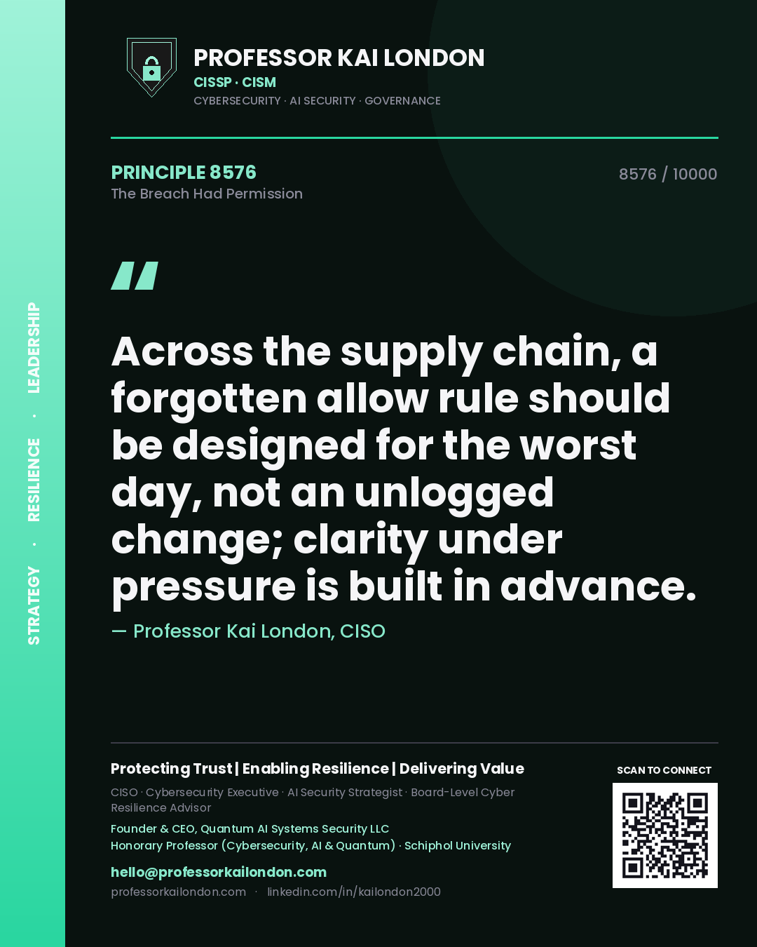 Professor Kai London principle 8576: Across the supply chain, a forgotten allow rule should be designed for the worst day, not an unlogged change; clarity under pressure is built in advance.