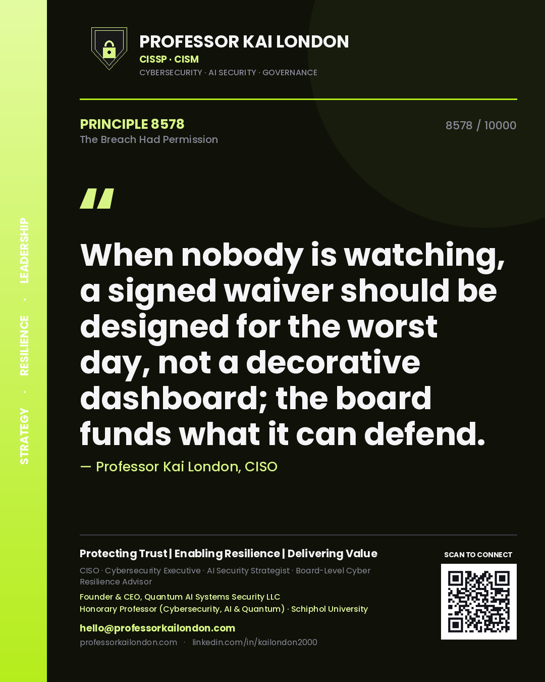 Quote card by Professor Kai London reading 'When nobody is watching, a signed waiver should be designed for the worst day, not a decorative dashboard; the board funds what it can defend.'. From the book The Breach Had Permission.