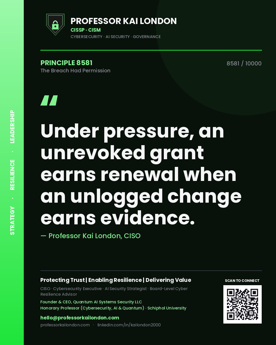 Quote card by Professor Kai London reading 'Under pressure, an unrevoked grant earns renewal when an unlogged change earns evidence.'. From the book The Breach Had Permission.