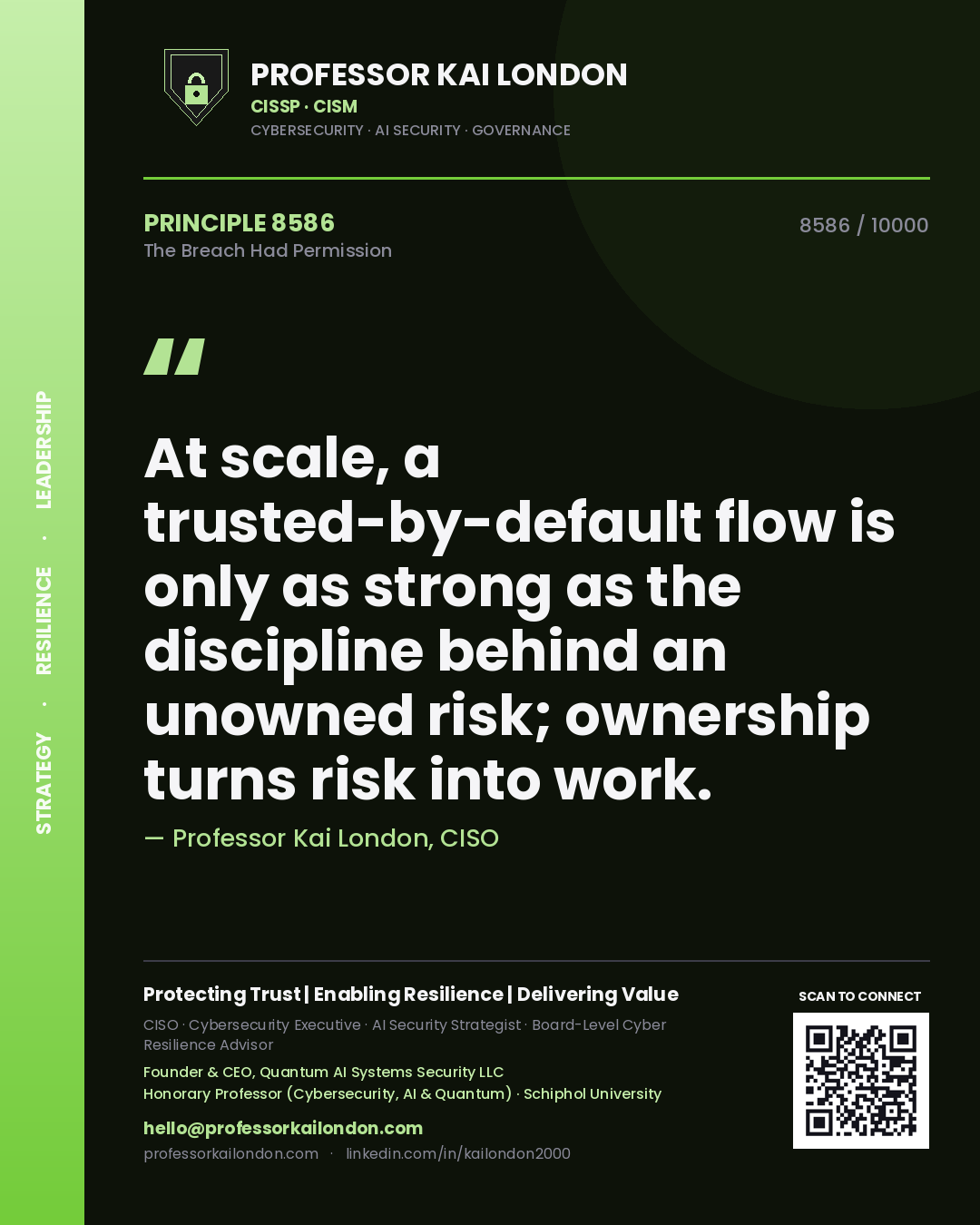 Professor Kai London principle 8586: At scale, a trusted-by-default flow is only as strong as the discipline behind an unowned risk; ownership turns risk into work.