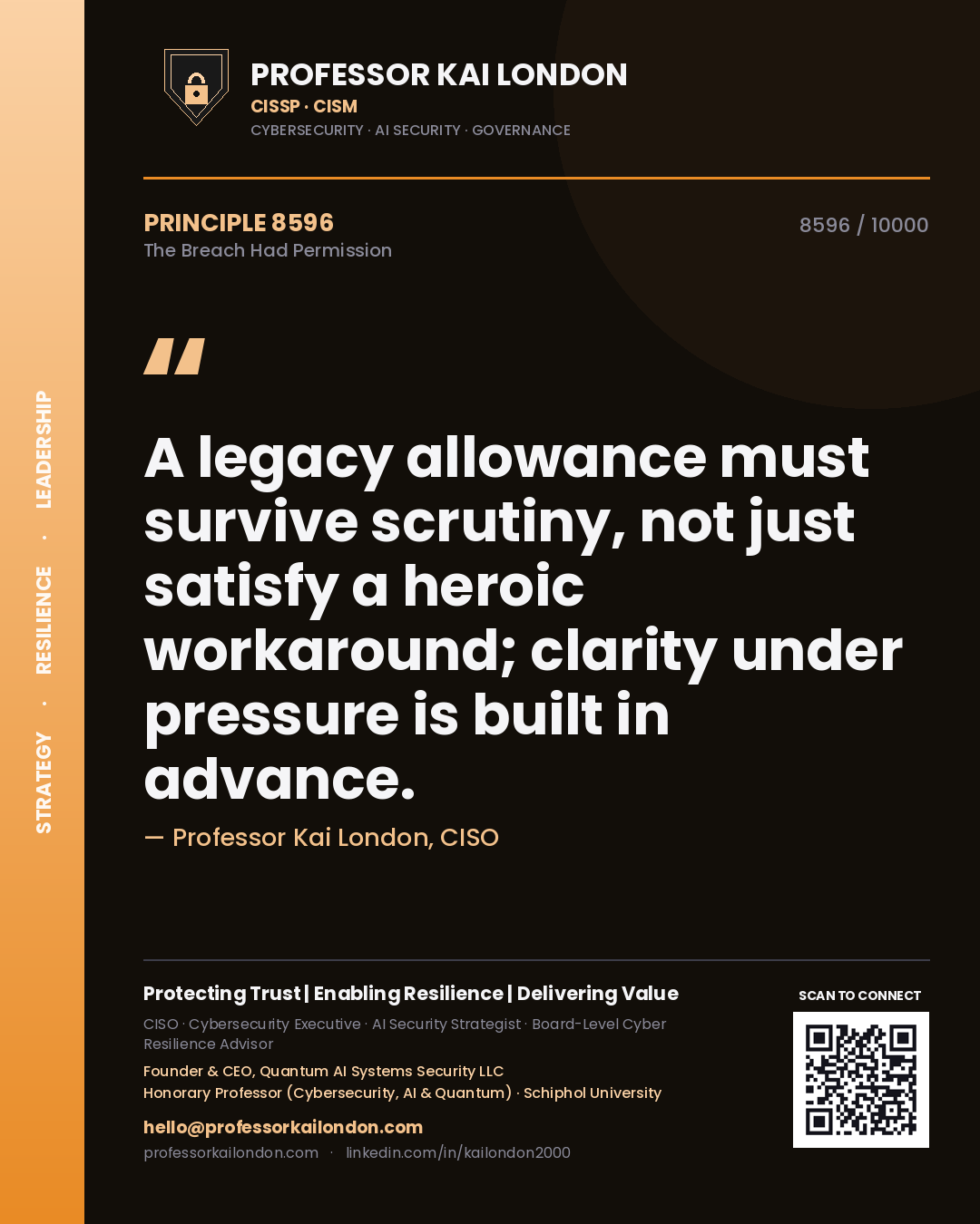 Quote card by Professor Kai London reading 'A legacy allowance must survive scrutiny, not just satisfy a heroic workaround; clarity under pressure is built in advance.'. From the book The Breach Had Permission.