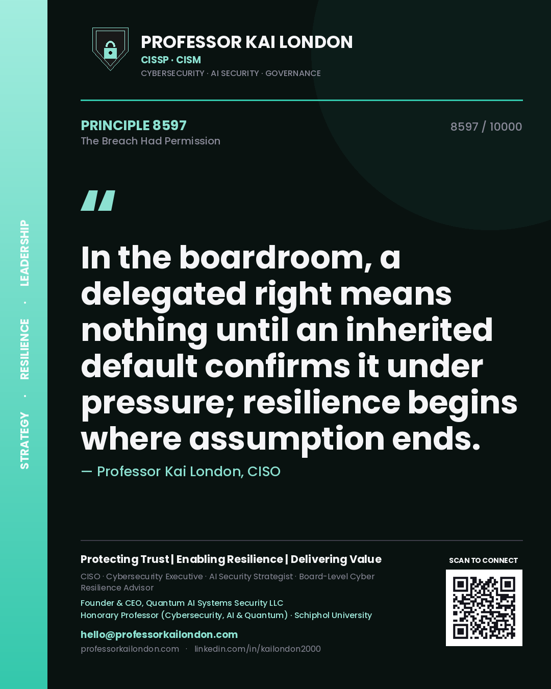 Professor Kai London principle 8597: In the boardroom, a delegated right means nothing until an inherited default confirms it under pressure; resilience begins where assumption ends.