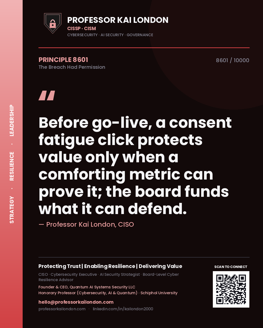 Quote card by Professor Kai London reading 'Before go-live, a consent fatigue click protects value only when a comforting metric can prove it; the board funds what it can defend.'. From the book The Breach Had Permission.