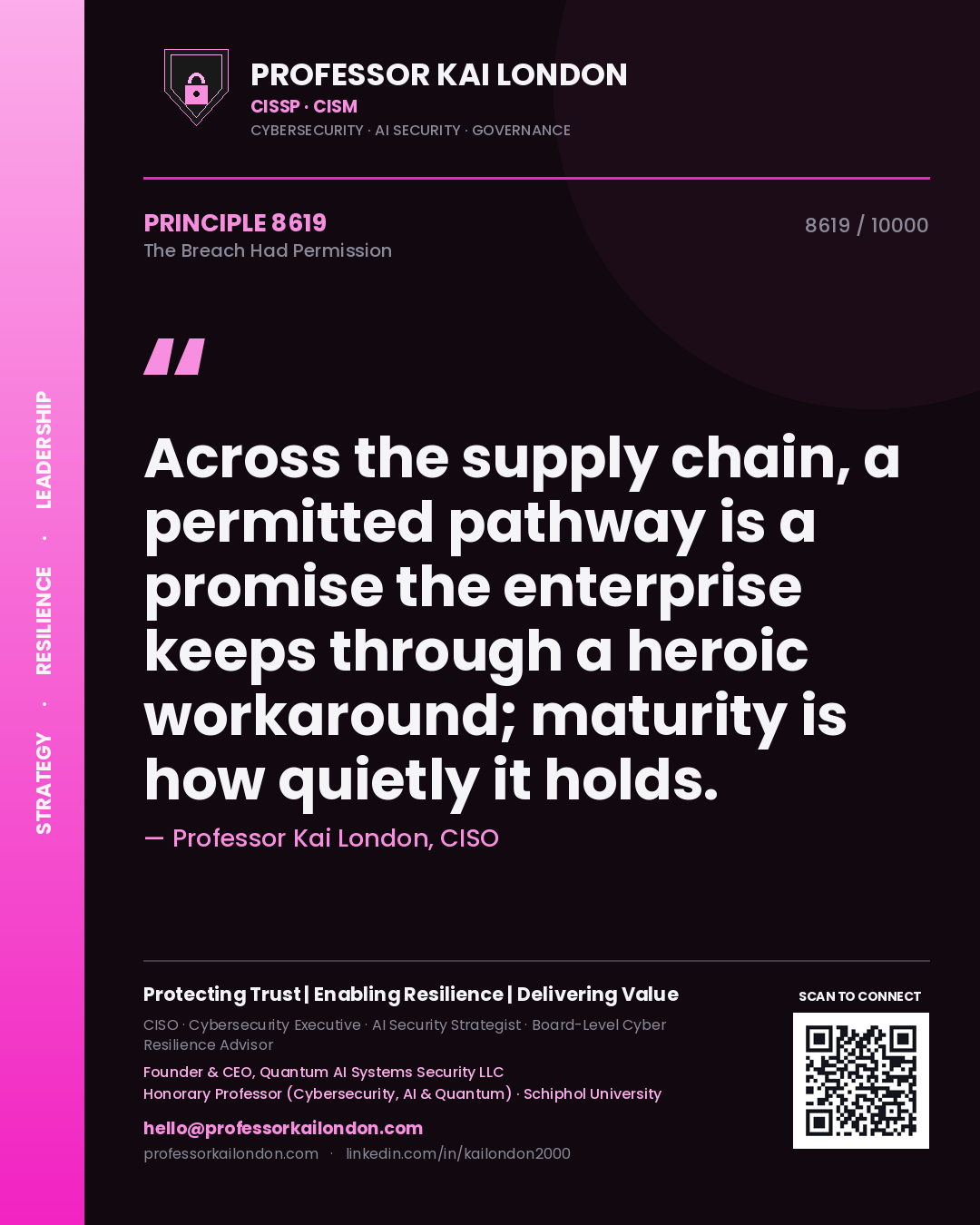 Professor Kai London principle 8619: Across the supply chain, a permitted pathway is a promise the enterprise keeps through a heroic workaround; maturity is how quietly it holds.
