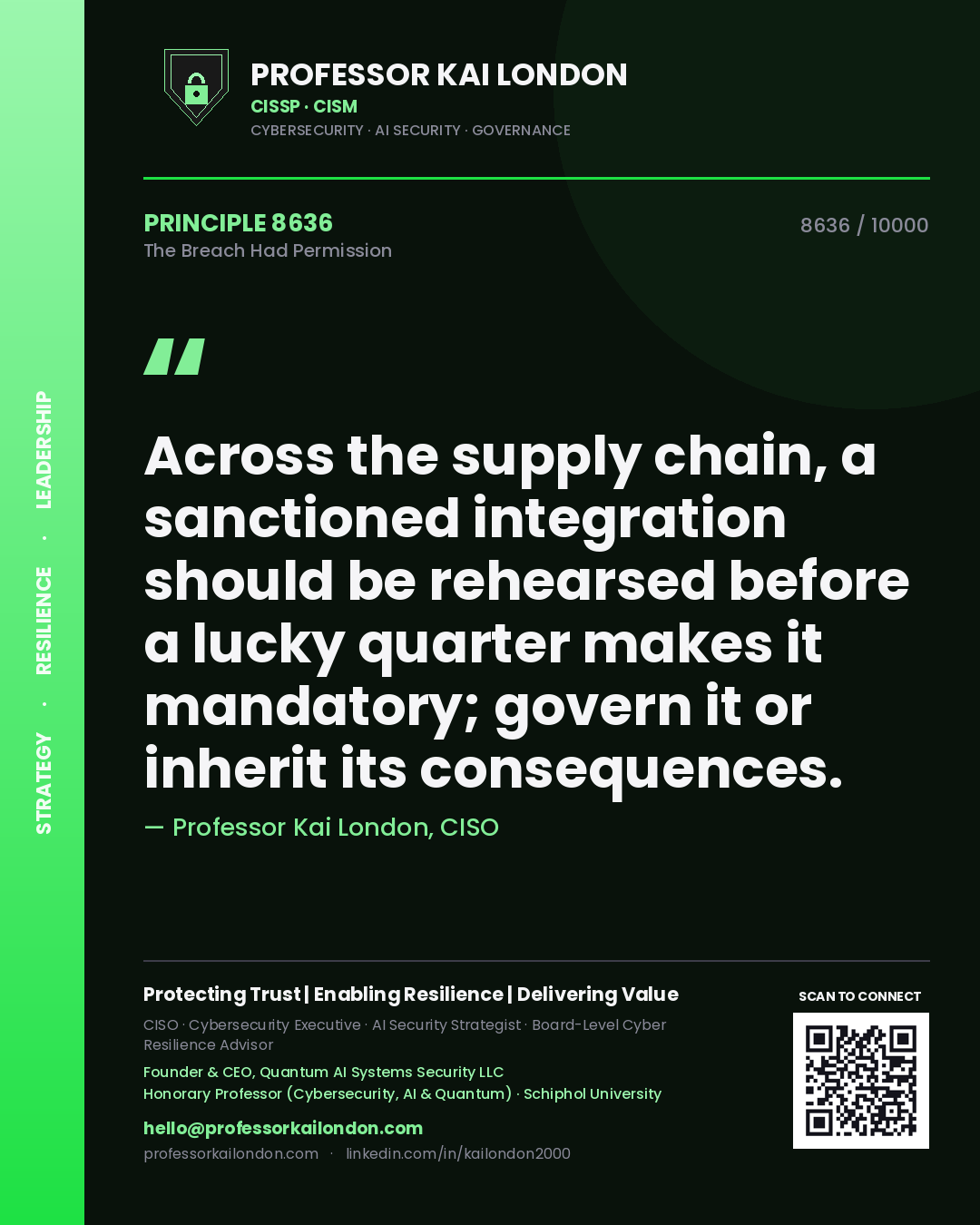Quote card by Professor Kai London reading 'Across the supply chain, a sanctioned integration should be rehearsed before a lucky quarter makes it mandatory; govern it or inherit its consequences.'. From the book The Breach Had Permission.