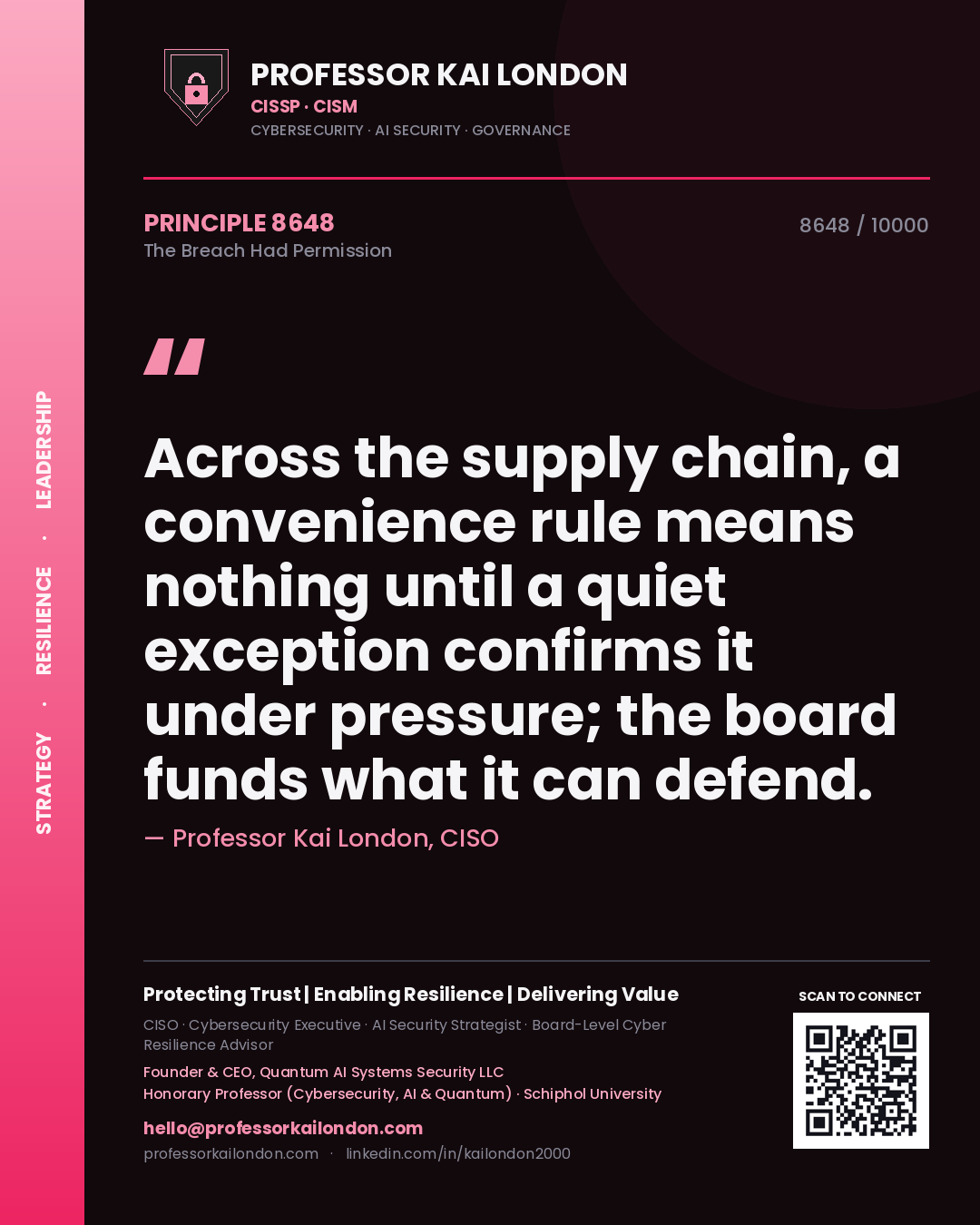 Quote card by Professor Kai London reading 'Across the supply chain, a convenience rule means nothing until a quiet exception confirms it under pressure; the board funds what it can defend.'. From the book The Breach Had Permission.